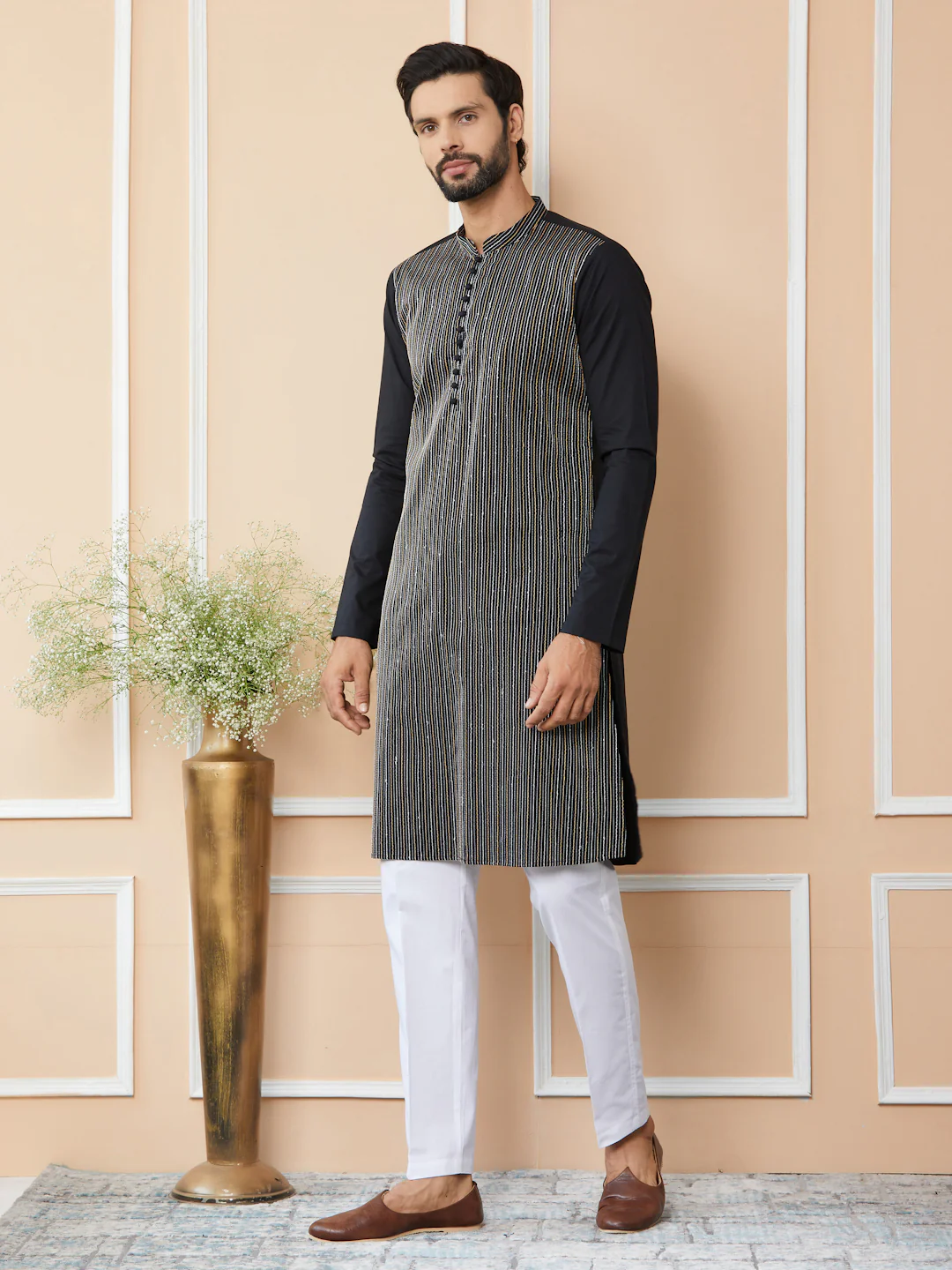 Men Black Thread & Sequin Worked Pure Cotton Straight Kurta - Image 6