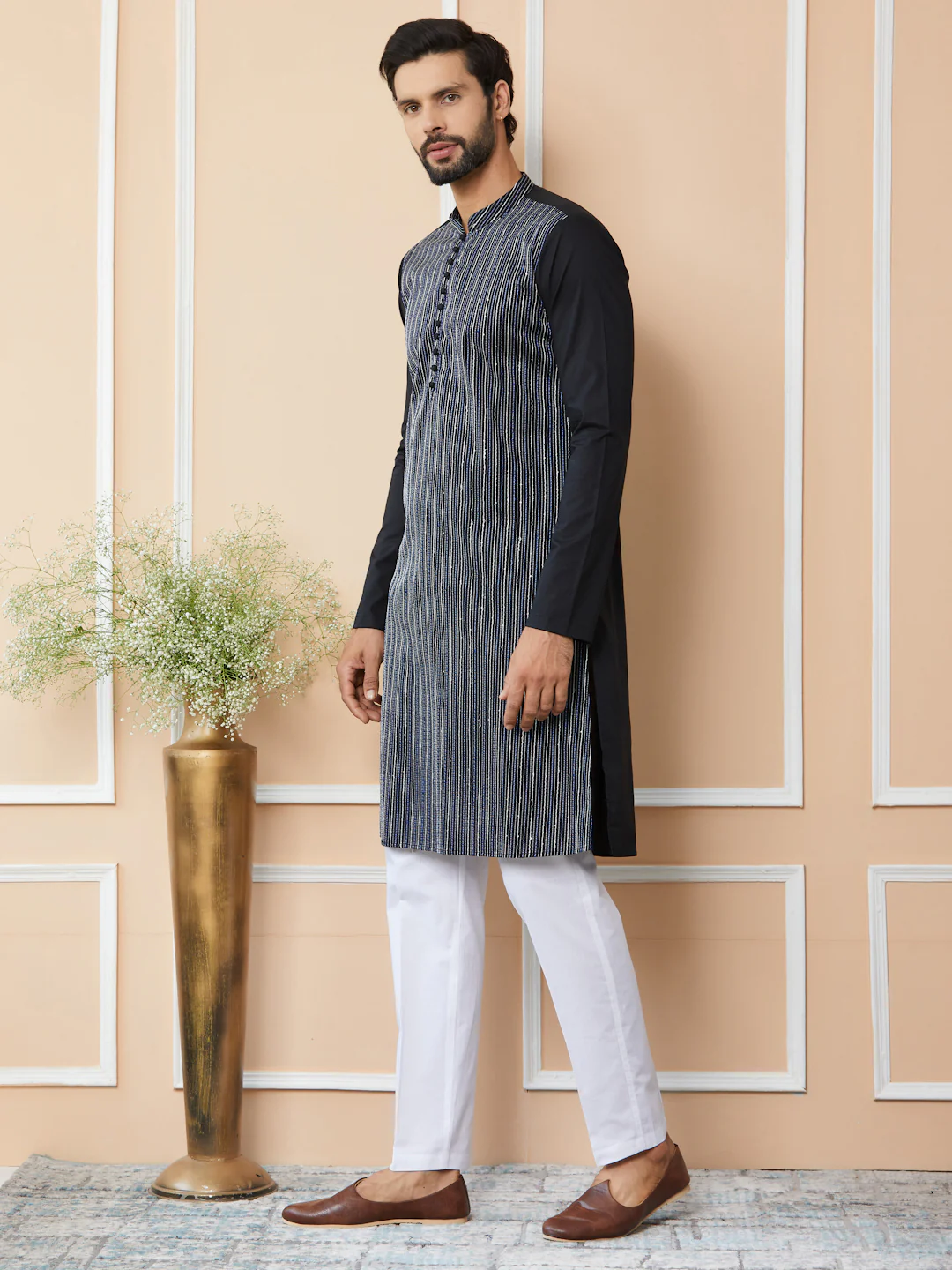 Men Black Thread & Sequin Worked Pure Cotton Straight Kurta - Image 2