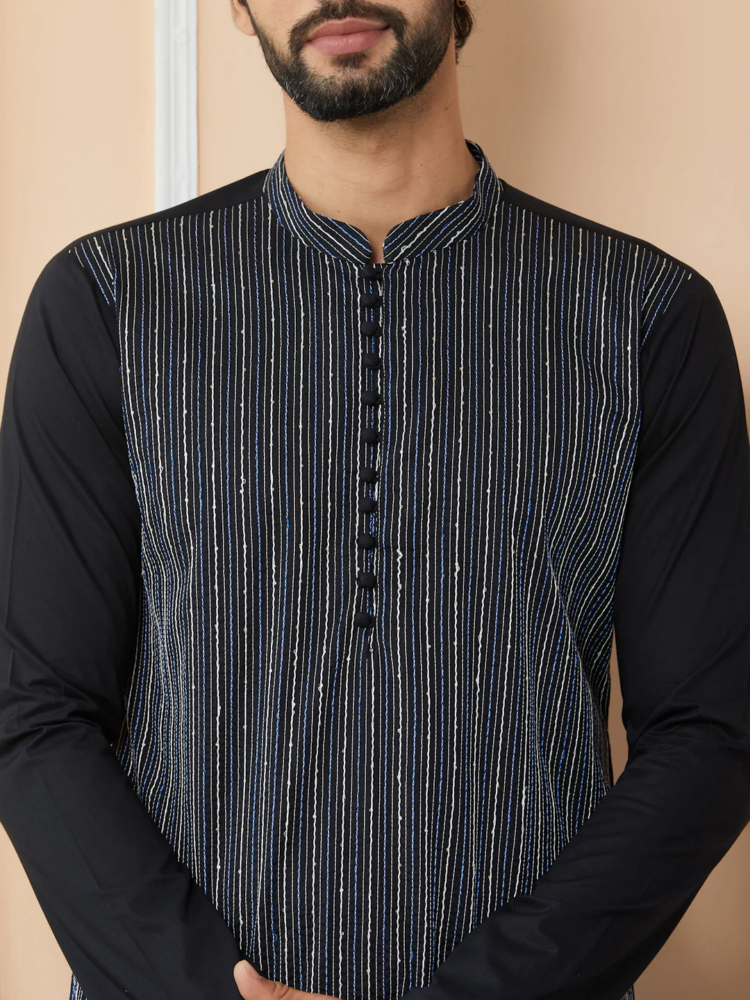 Men Black Thread & Sequin Worked Pure Cotton Straight Kurta - Image 4