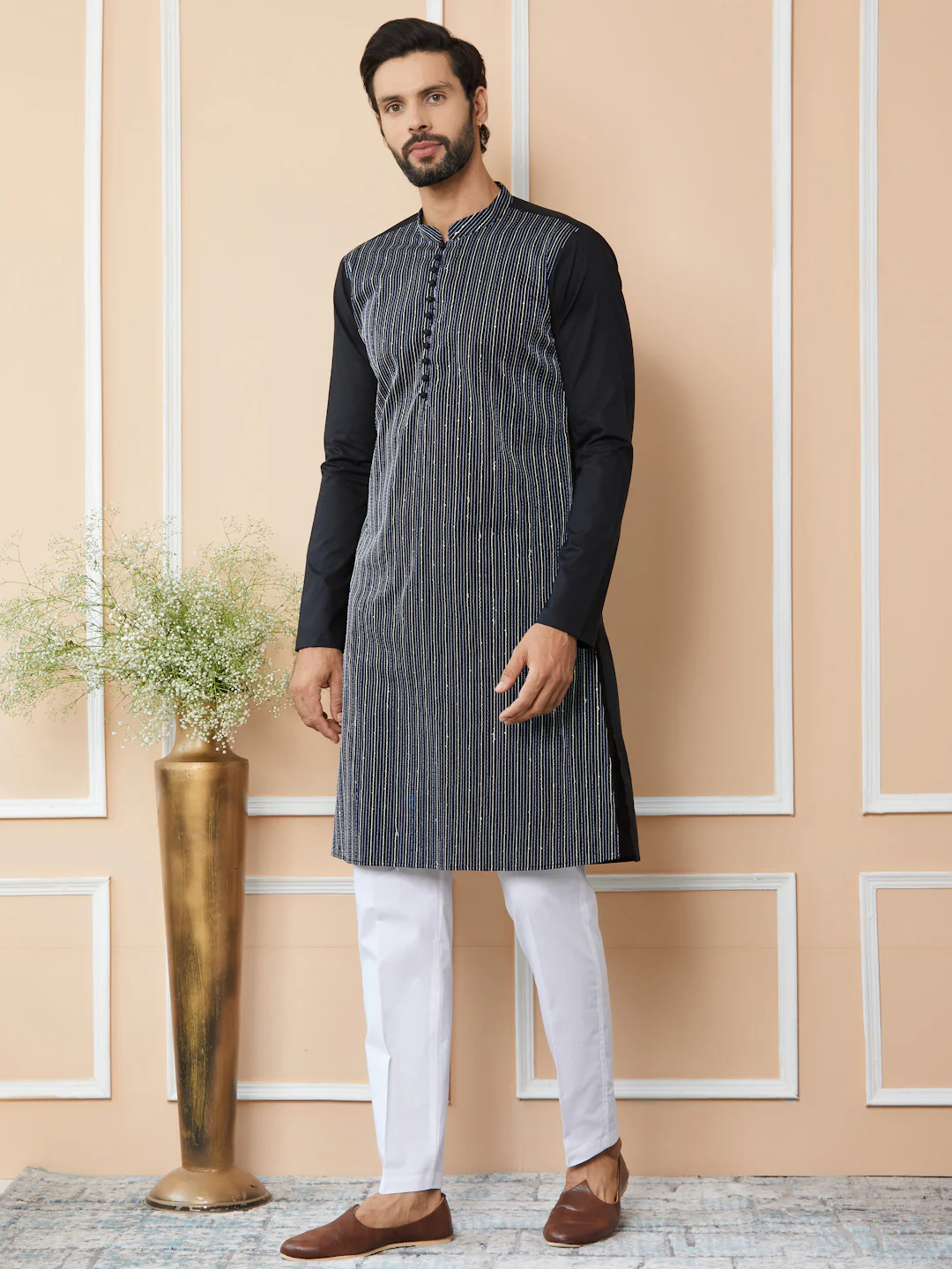 Men Black Thread & Sequin Worked Pure Cotton Straight Kurta - Image 5
