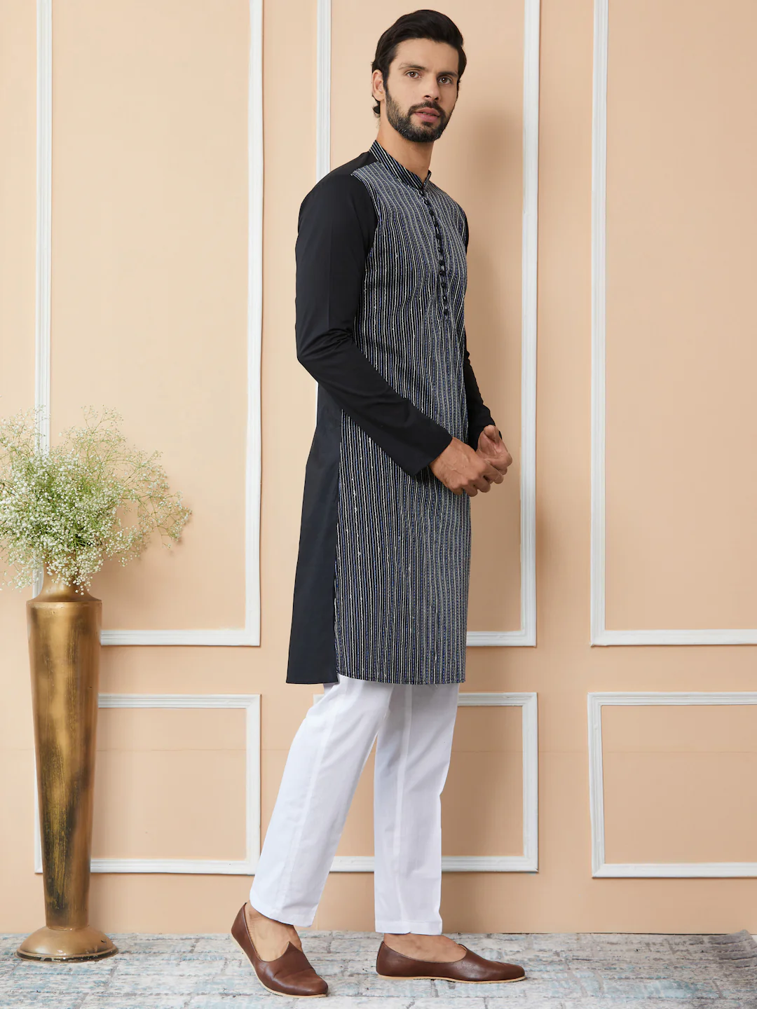 Men Black Thread & Sequin Worked Pure Cotton Straight Kurta - Image 6