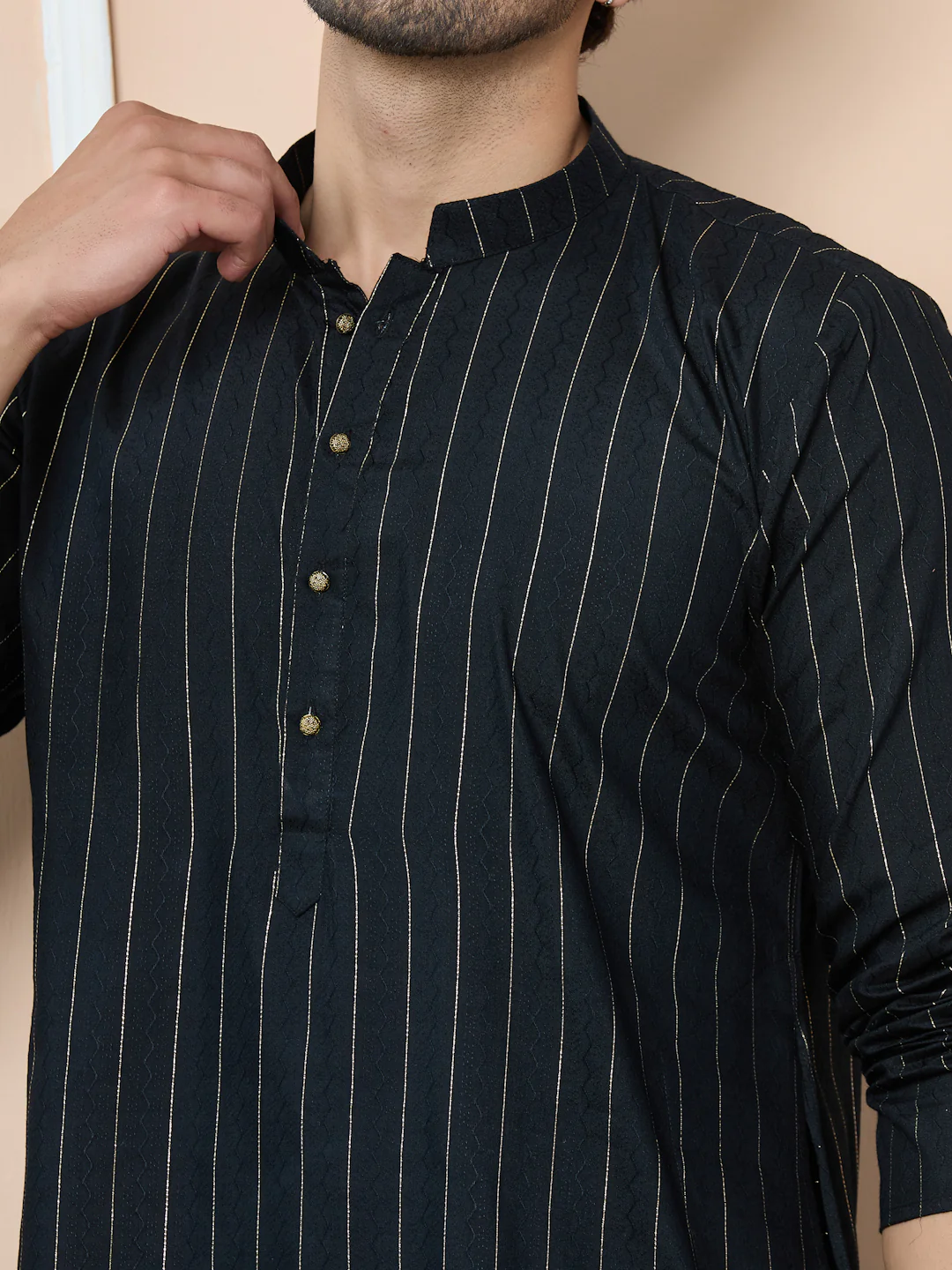 Men Black Thread Work Straight Kurta - Image 2