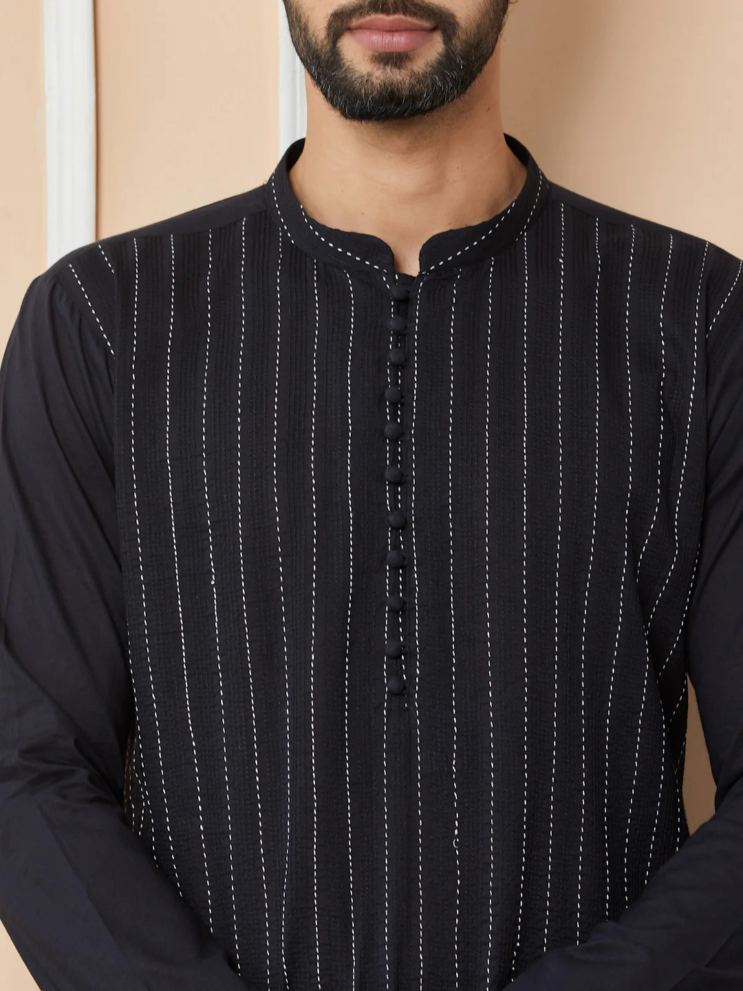 Men Black Thread Worked Pure Cotton Straight Kurta - Image 4