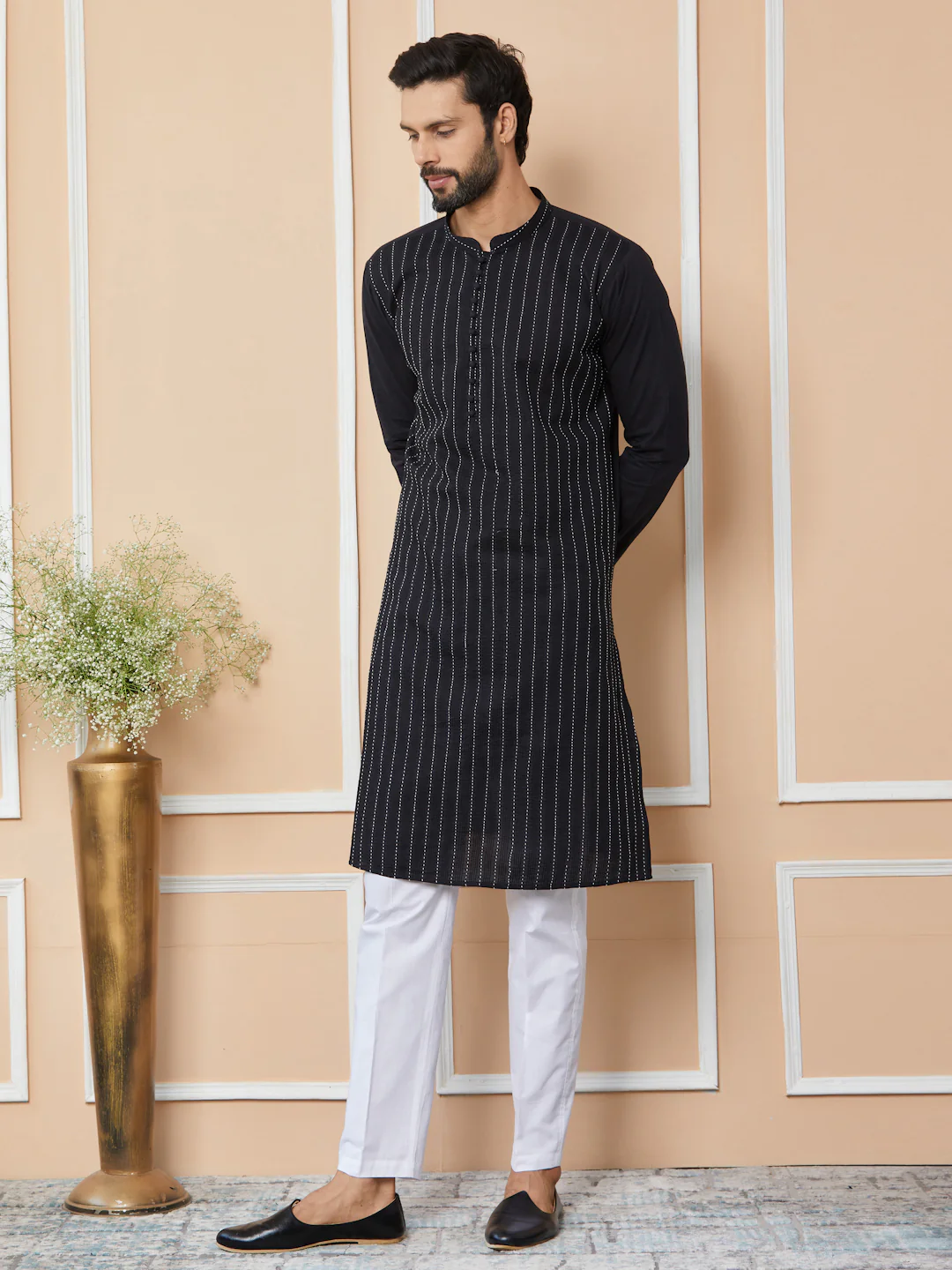 Men Black Thread Worked Pure Cotton Straight Kurta - Image 5