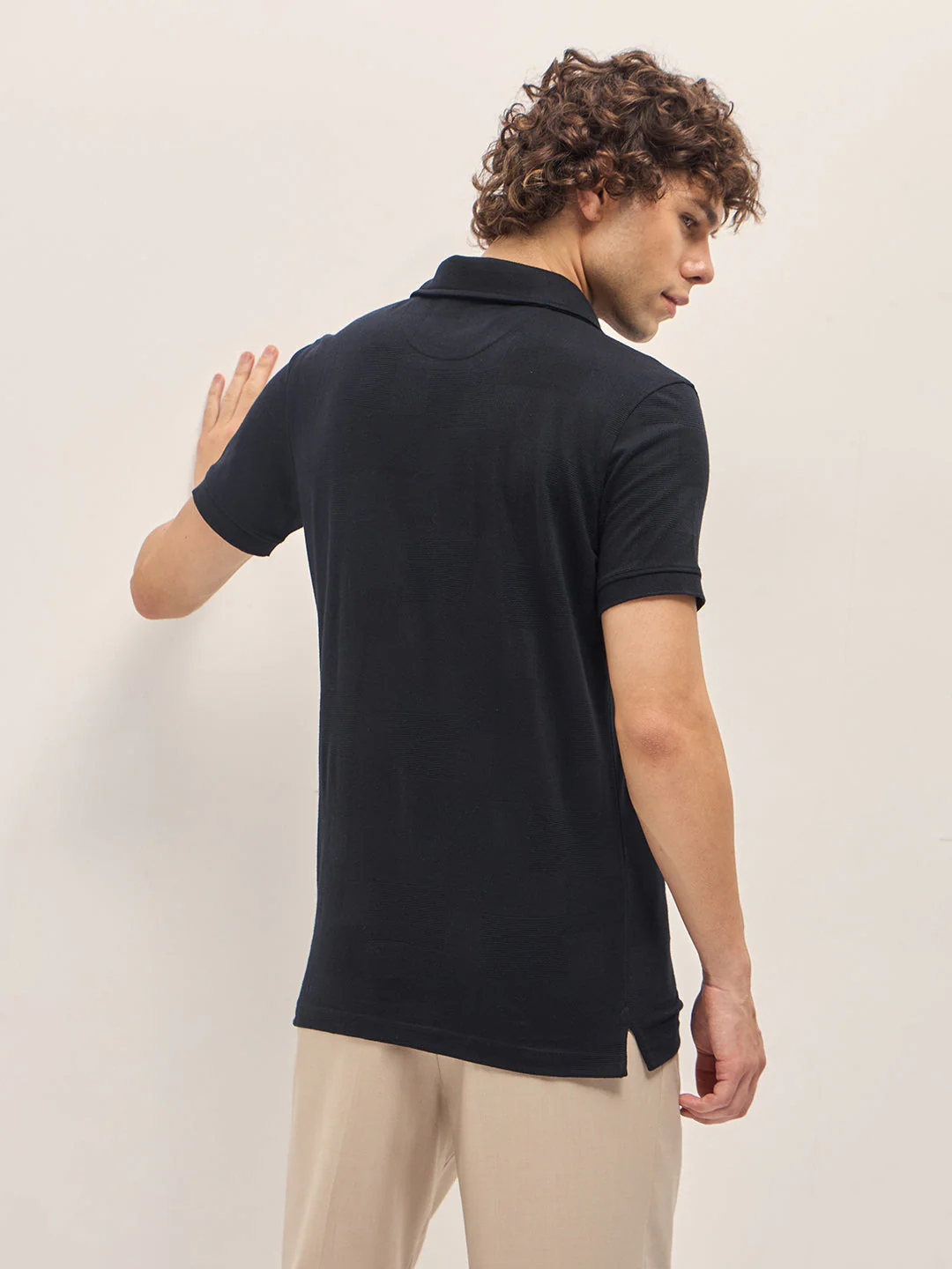 Men Black Tonal Check Regular Fit Polo T-shirt - Image 2