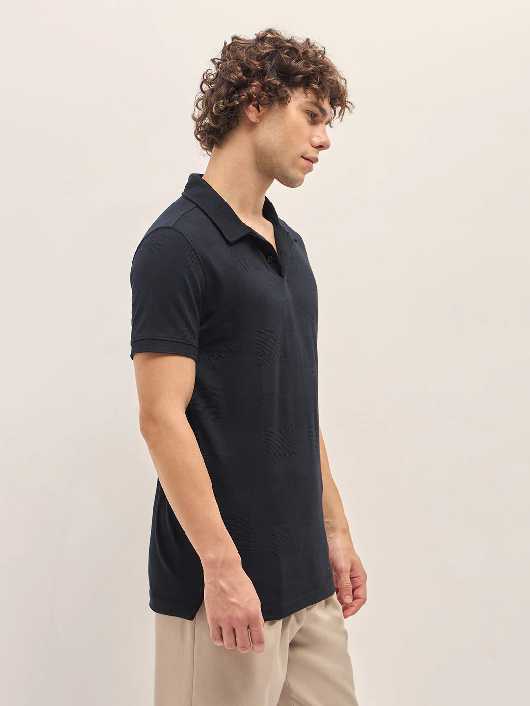 Men Black Tonal Check Regular Fit Polo T-shirt - Image 3