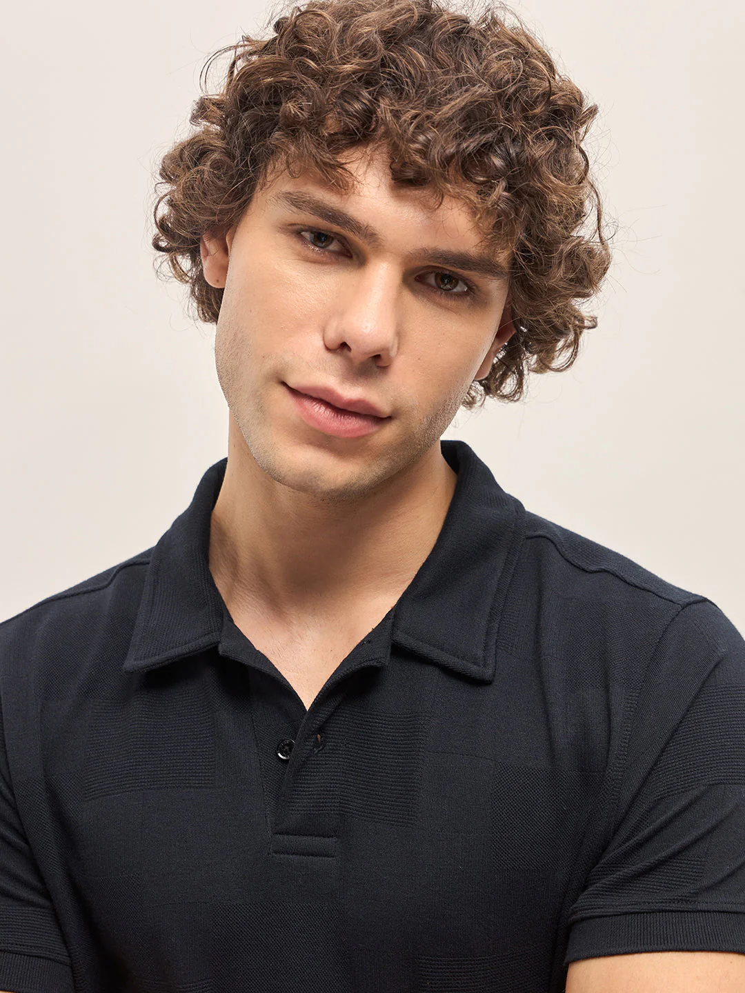 Men Black Tonal Check Regular Fit Polo T-shirt - Image 5