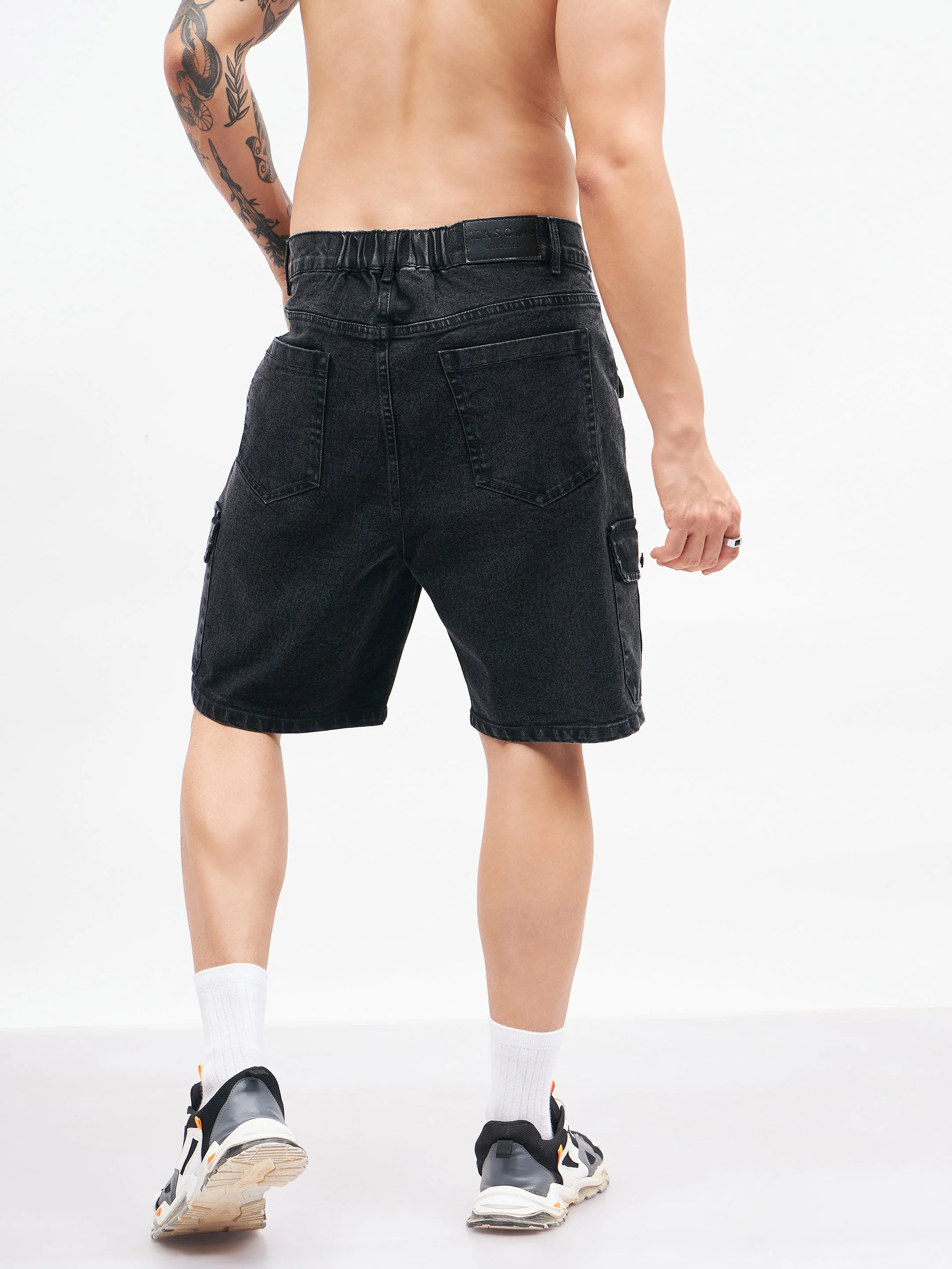 Men Black Utility Pocket Denim Shorts - Image 2