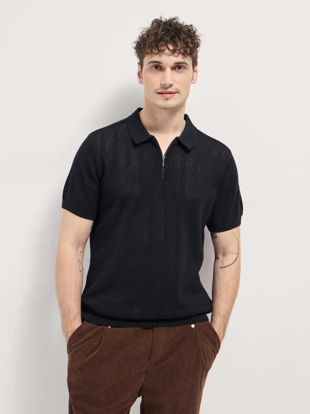 Men Black Vertical textured knit Design Regular Fit Polo
