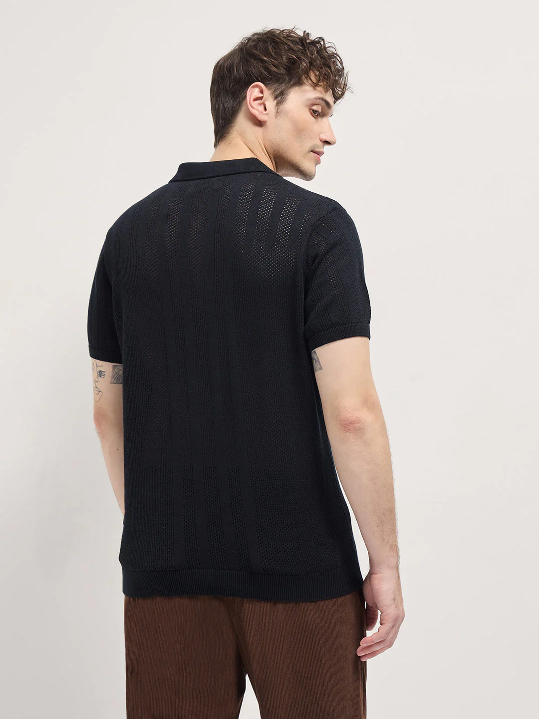 Men Black Vertical textured knit Design Regular Fit Polo - Image 2