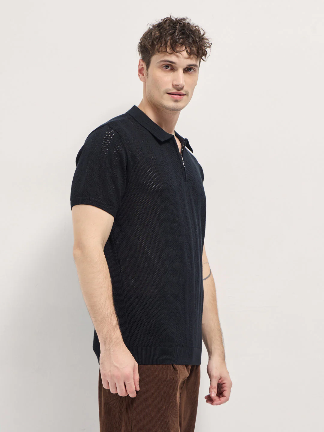 Men Black Vertical textured knit Design Regular Fit Polo - Image 3