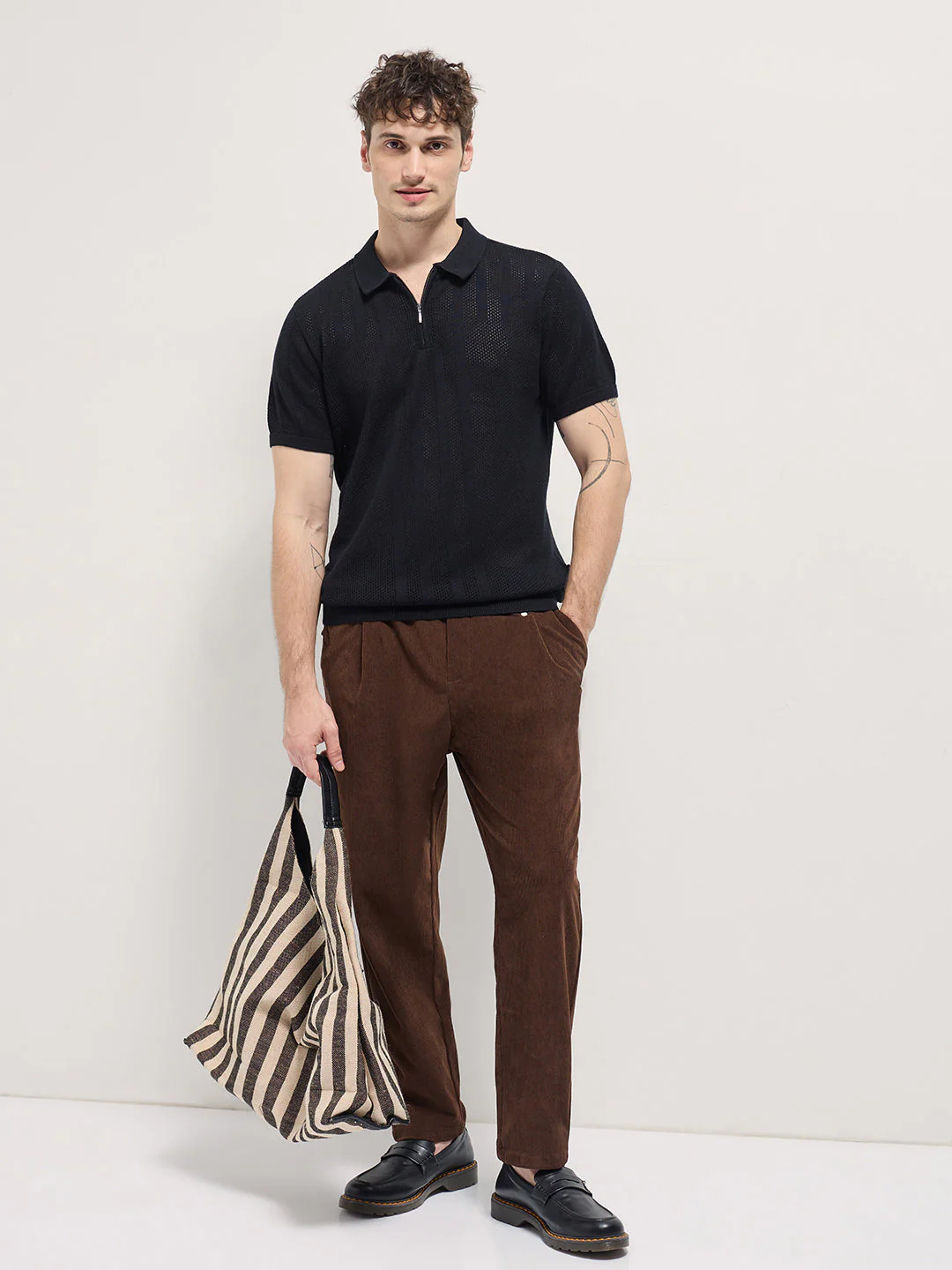 Men Black Vertical textured knit Design Regular Fit Polo - Image 4
