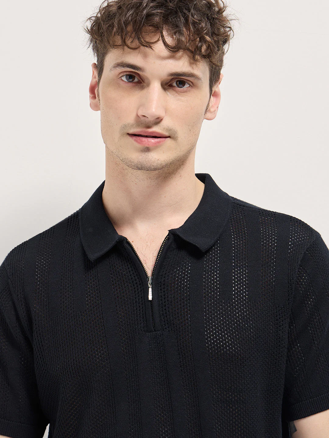 Men Black Vertical textured knit Design Regular Fit Polo - Image 5