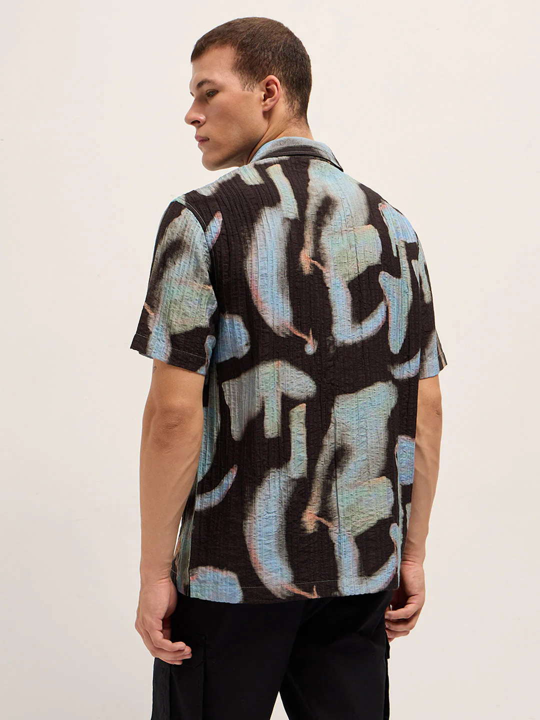 Men Black Viscose Abstract print Relaxed Fit Cuban Collar Shirt - Image 2