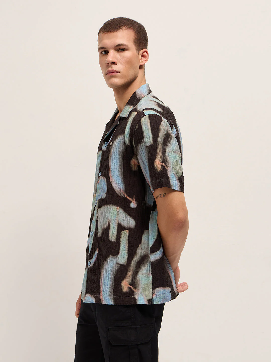 Men Black Viscose Abstract print Relaxed Fit Cuban Collar Shirt - Image 3