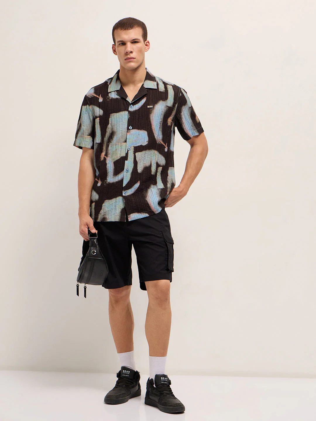 Men Black Viscose Abstract print Relaxed Fit Cuban Collar Shirt - Image 4