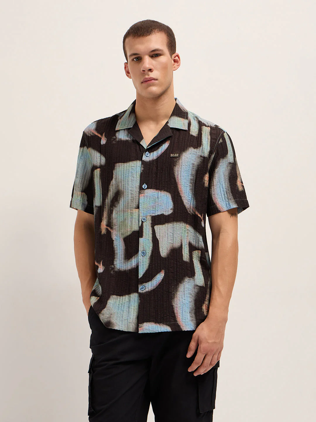 Men Black Viscose Abstract print Relaxed Fit Cuban Collar Shirt - Image 5