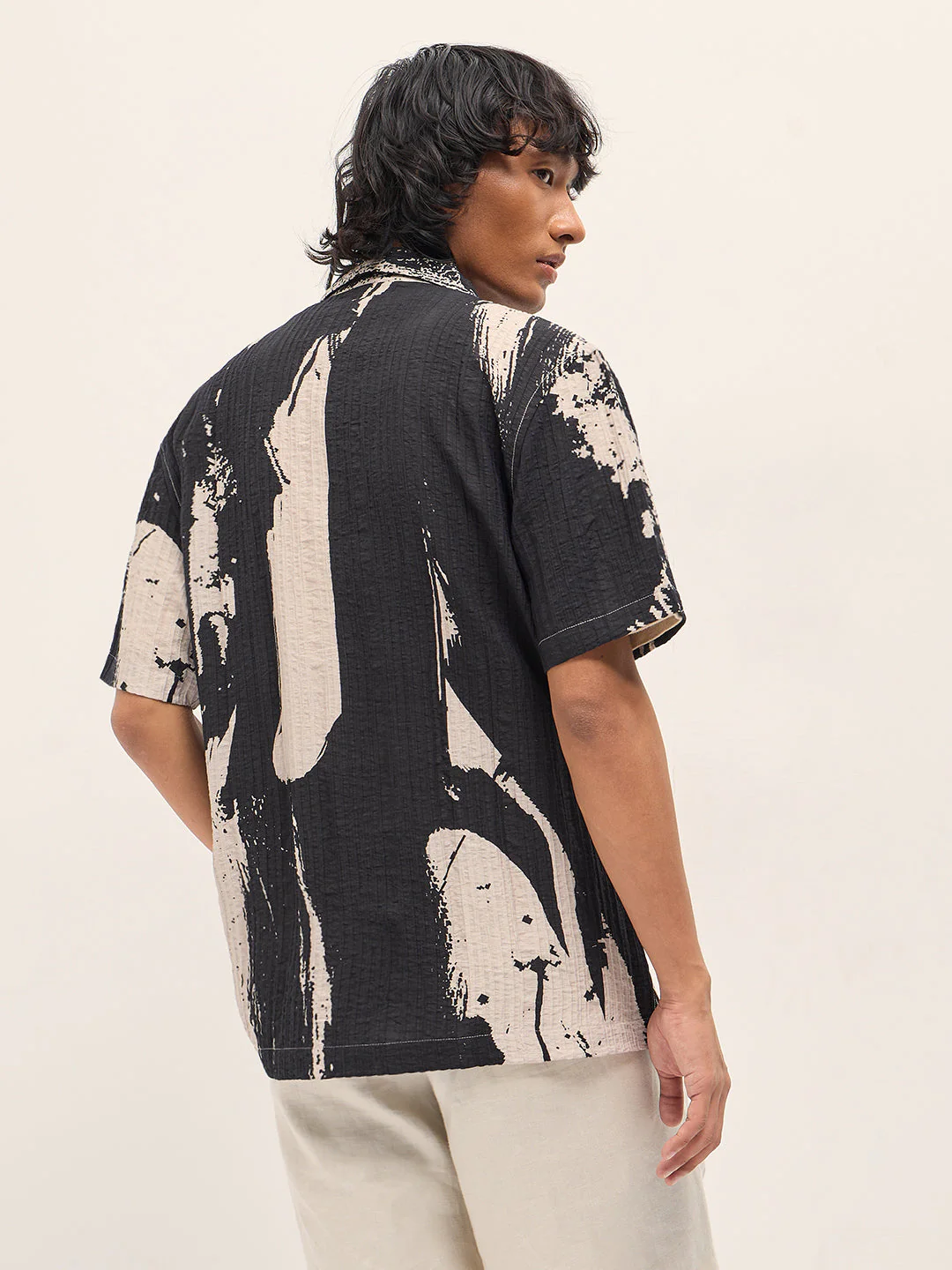 Men Black Viscose Abstract print Relaxed Fit Cuban Collar Shirt - Image 2