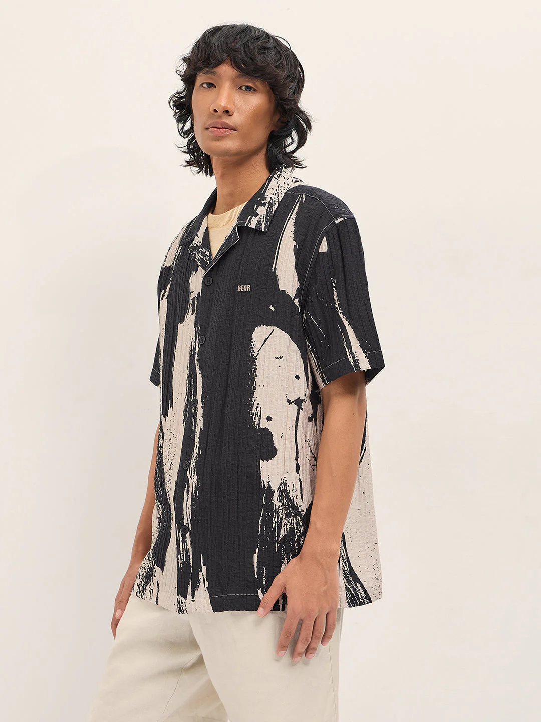 Men Black Viscose Abstract print Relaxed Fit Cuban Collar Shirt - Image 3