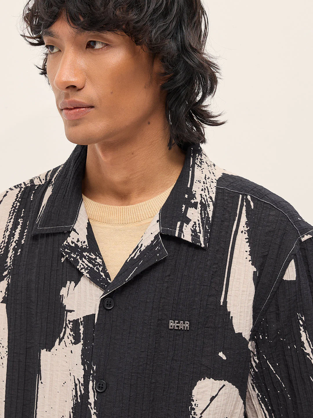 Men Black Viscose Abstract print Relaxed Fit Cuban Collar Shirt - Image 5