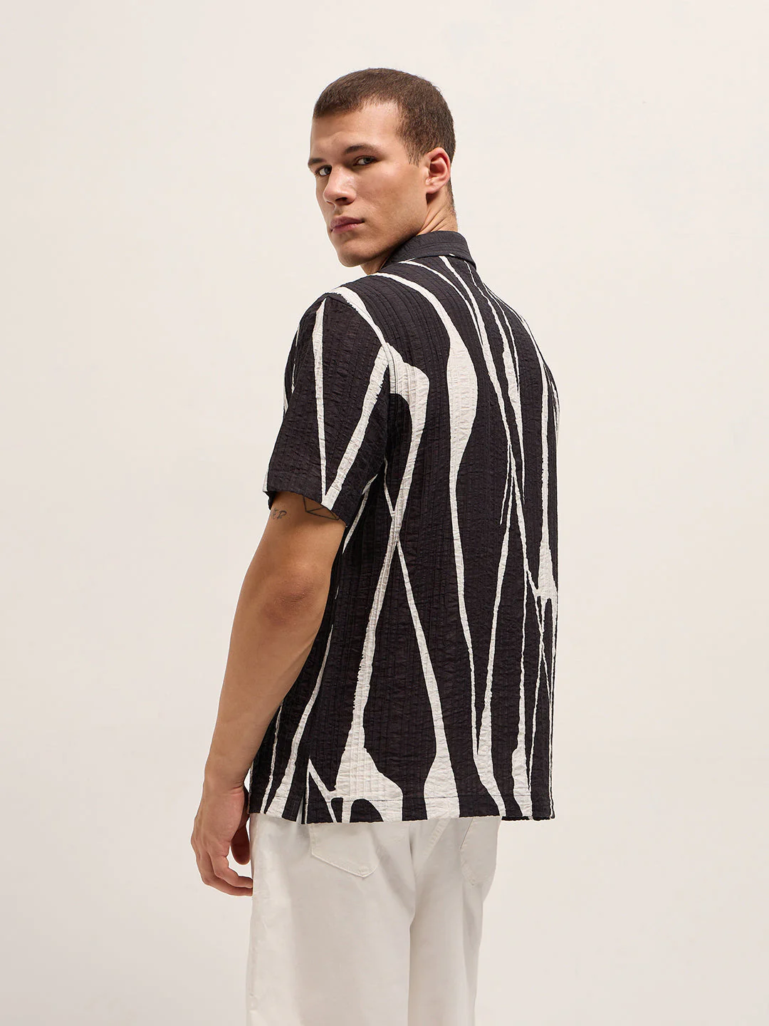 Men Black Viscose Bold Abstract print Relaxed Fit Cuban Collar Shirt - Image 2