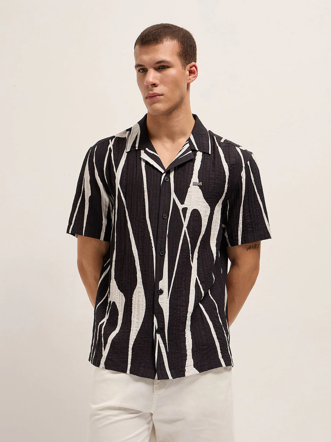 Men Black Viscose Bold Abstract print Relaxed Fit Cuban Collar Shirt - Image 5