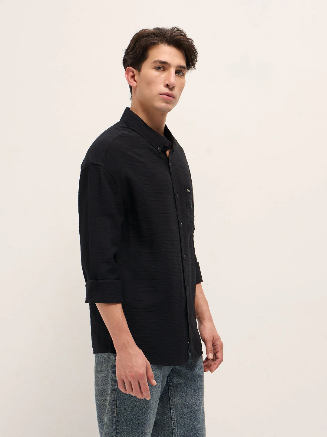 Men Black Viscose Herringbone Design Relax Fit Casual shirt - Image 3