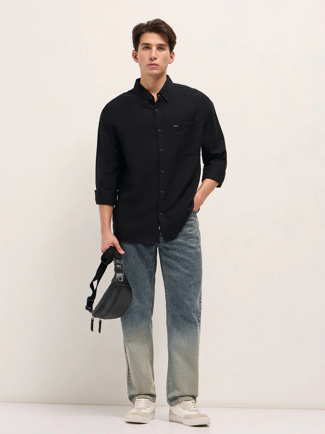 Men Black Viscose Herringbone Design Relax Fit Casual shirt - Image 4
