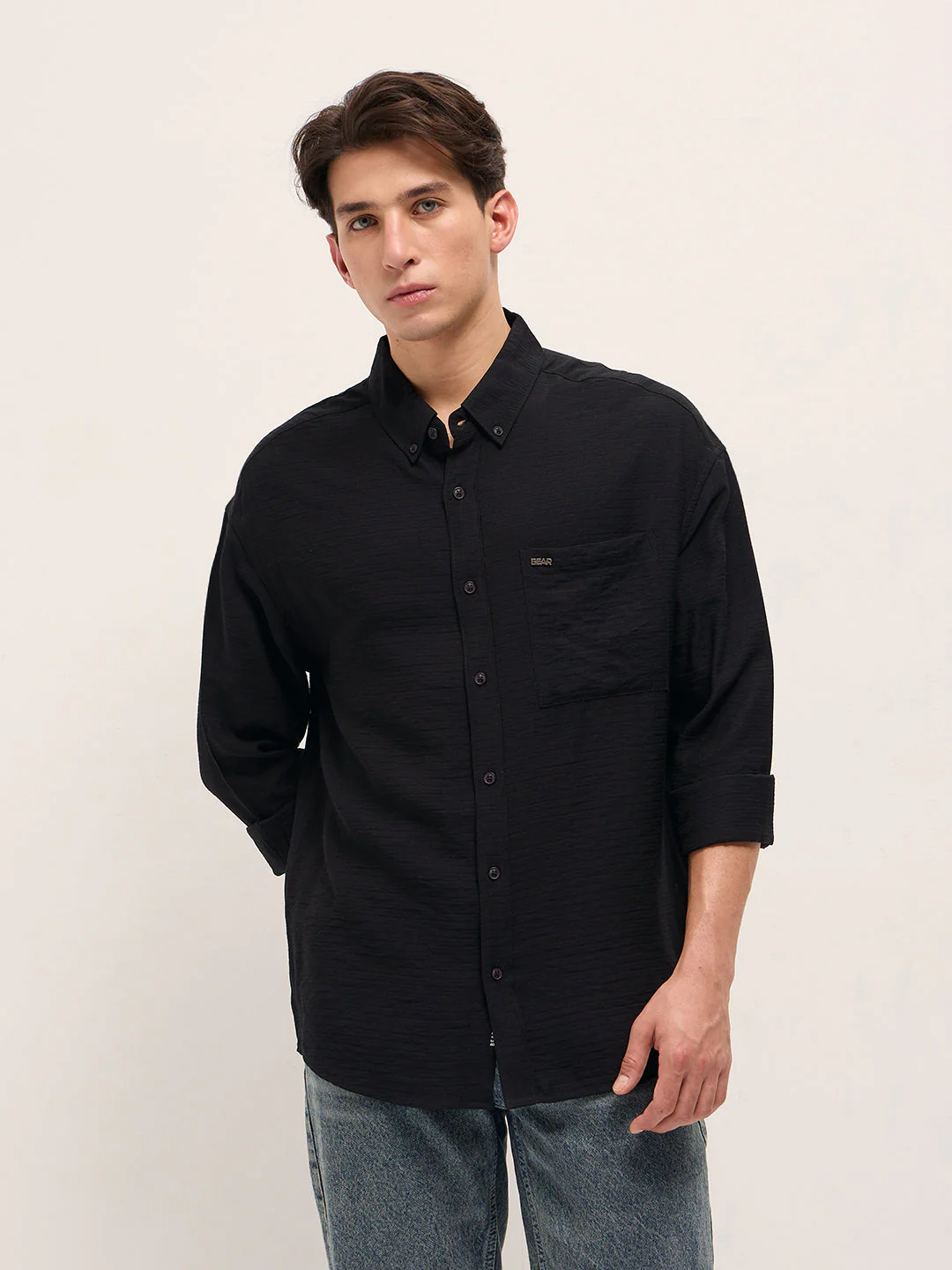 Men Black Viscose Herringbone Design Relax Fit Casual shirt - Image 5