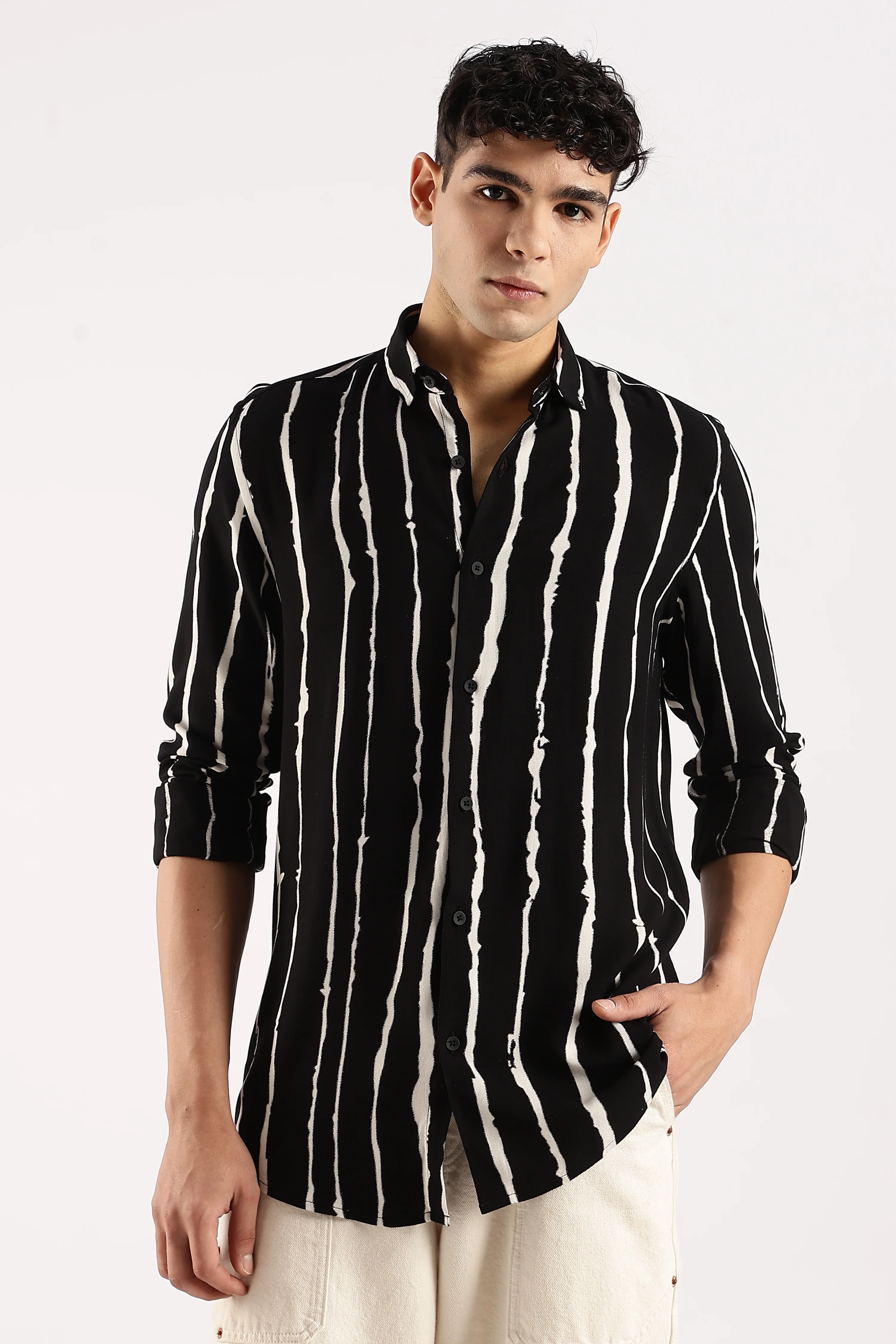 Men Black Viscose Striped Shirt - Image 2