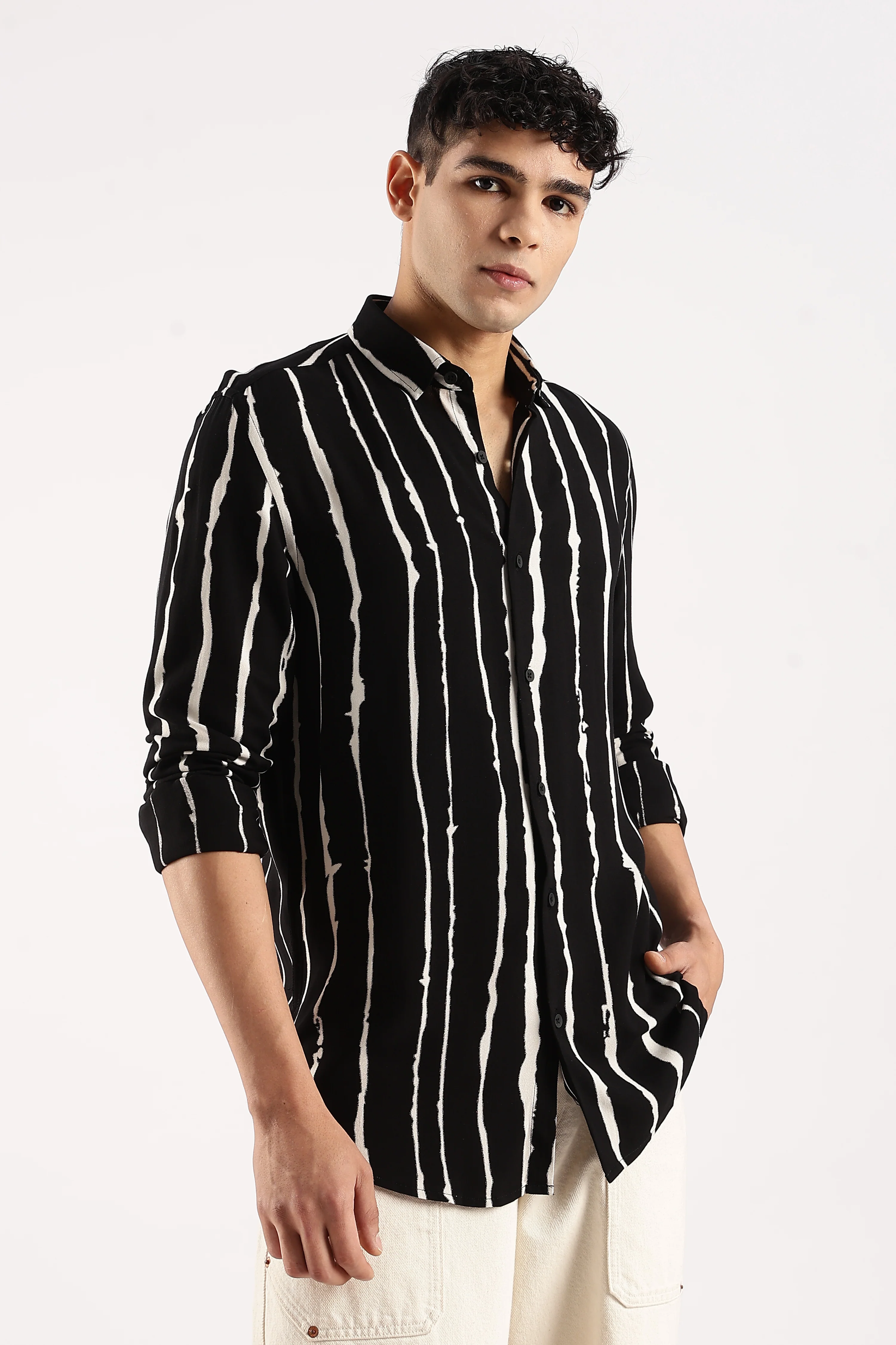 Men Black Viscose Striped Shirt - Image 4