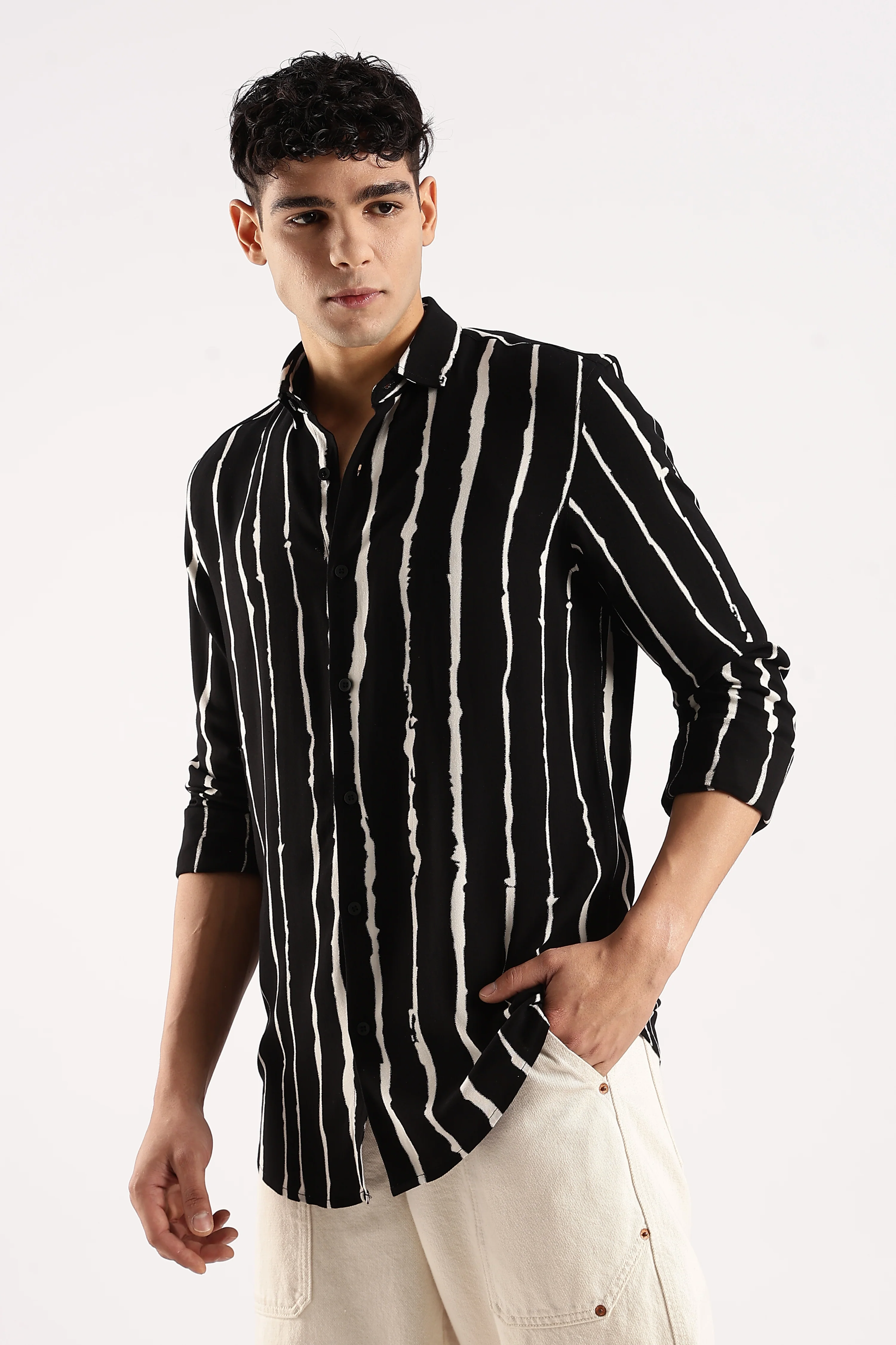 Men Black Viscose Striped Shirt - Image 7