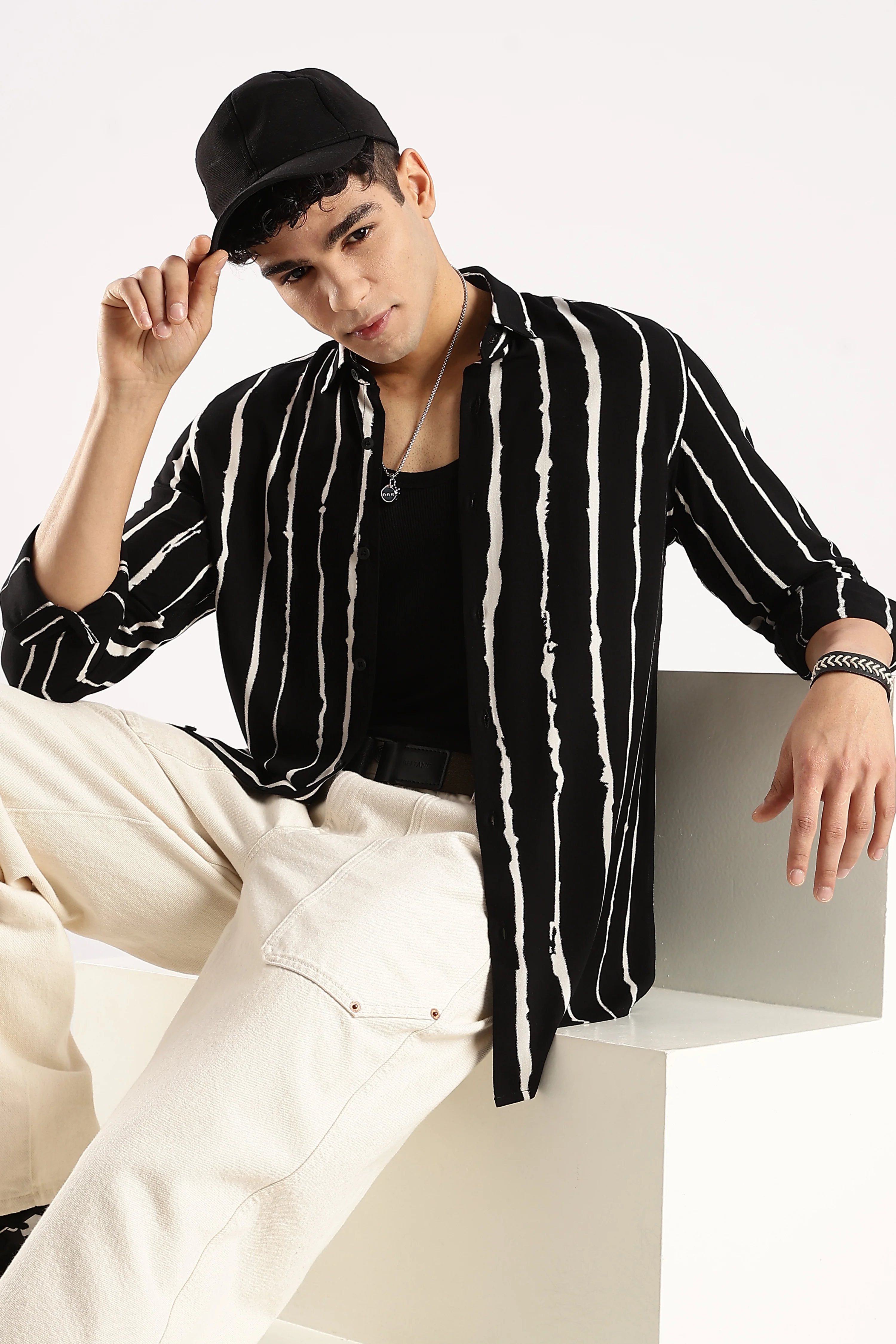 Men Black Viscose Striped Shirt - Image 9