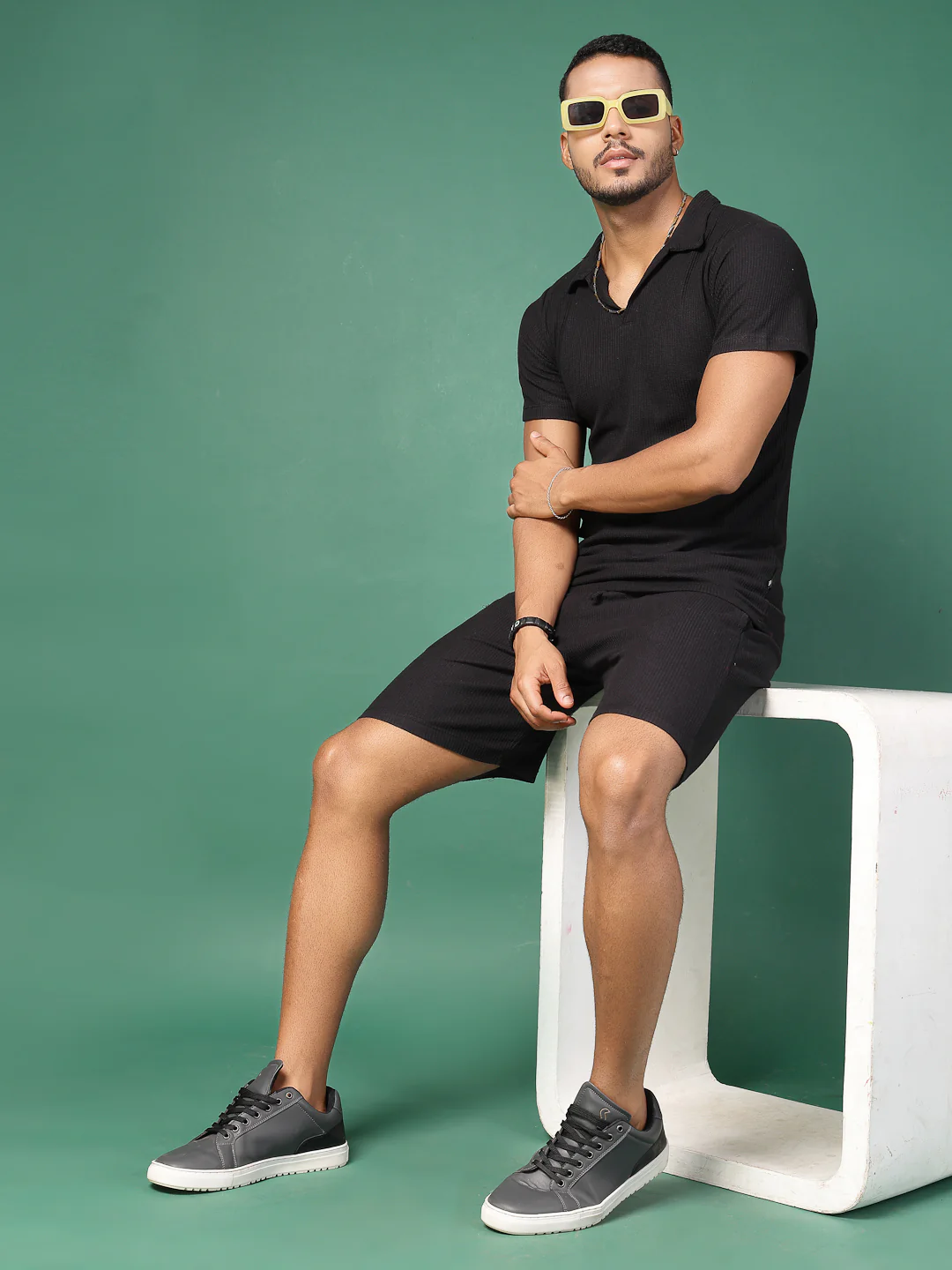 Men Black Waffle Knit Co-Ords - Image 2