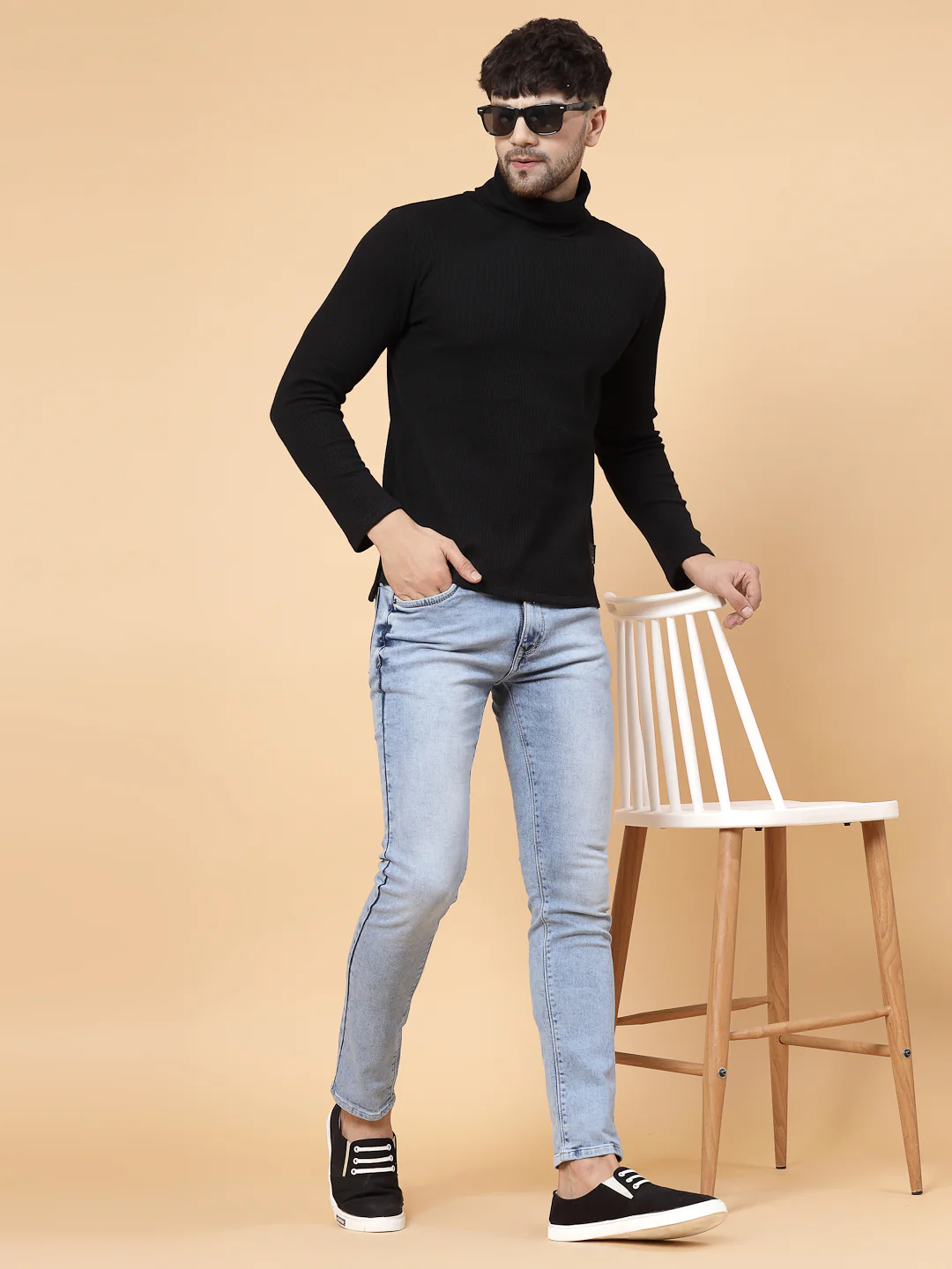 Men Black Waffle Knit T-shirt - Image 2