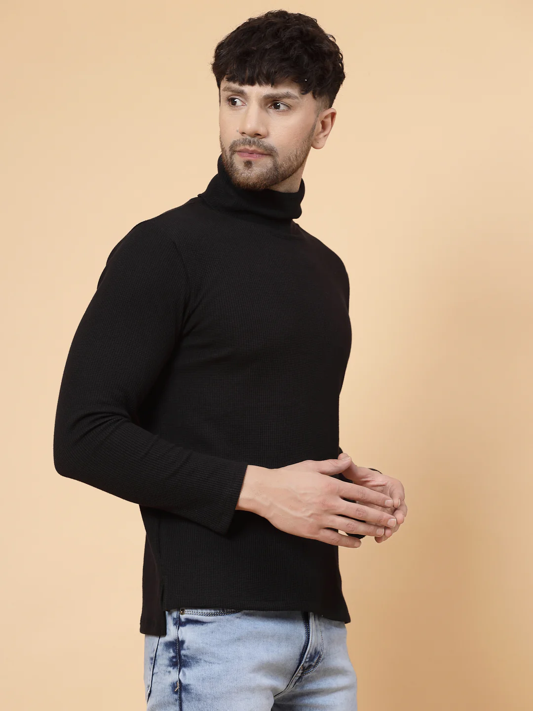 Men Black Waffle Knit T-shirt - Image 3
