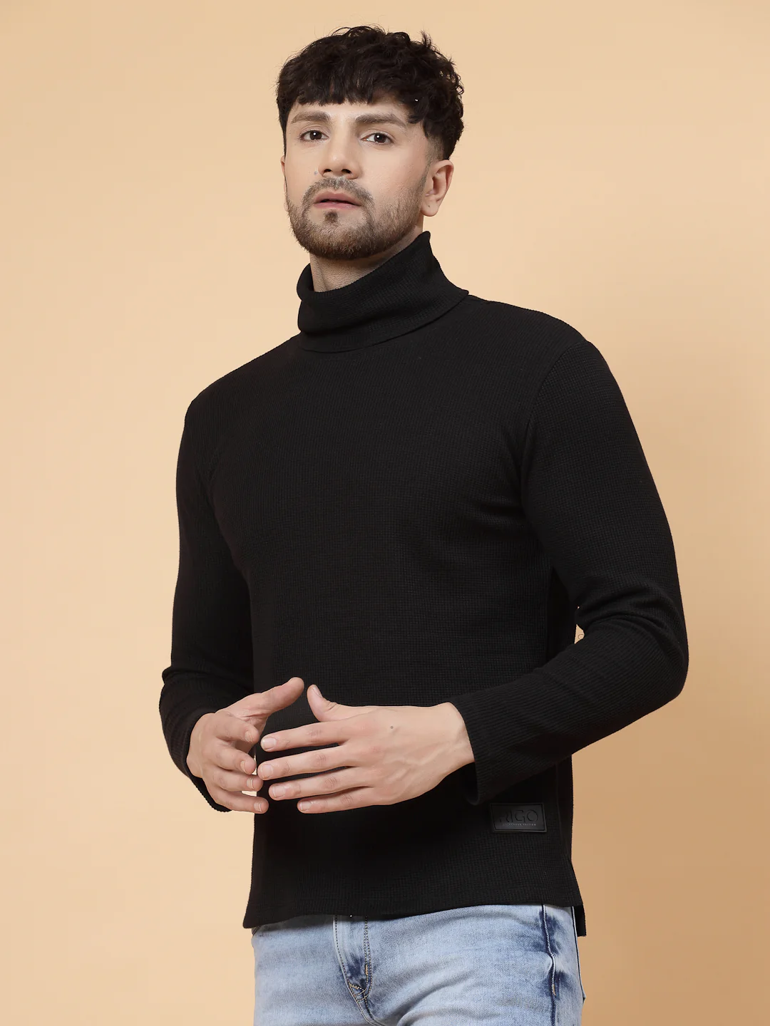 Men Black Waffle Knit T-shirt - Image 4