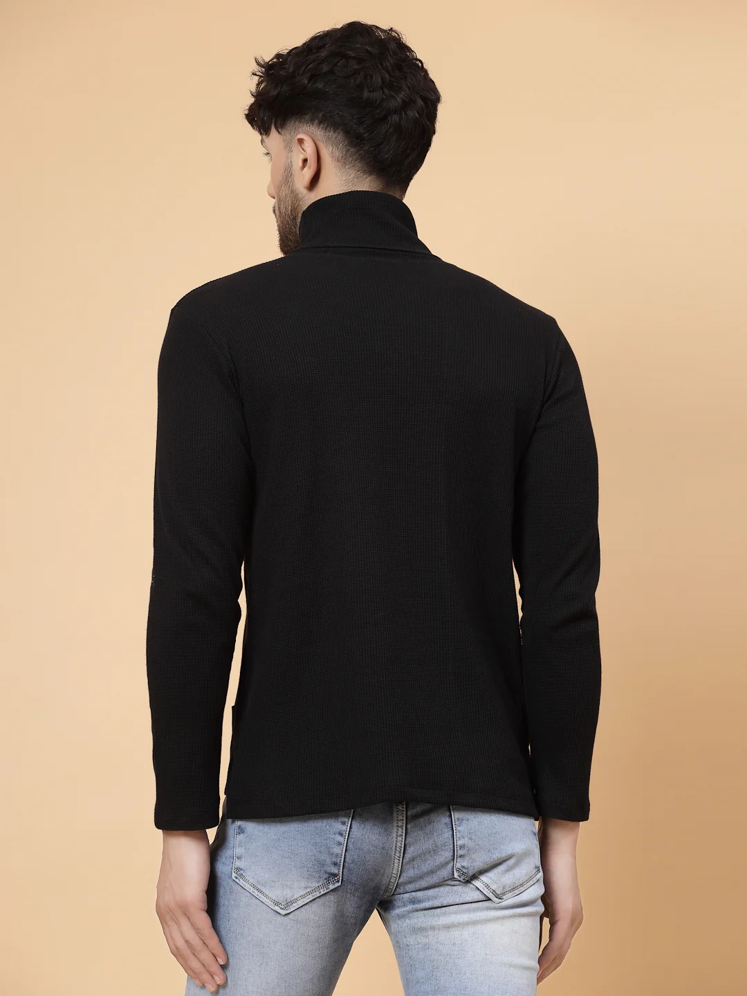 Men Black Waffle Knit T-shirt - Image 5