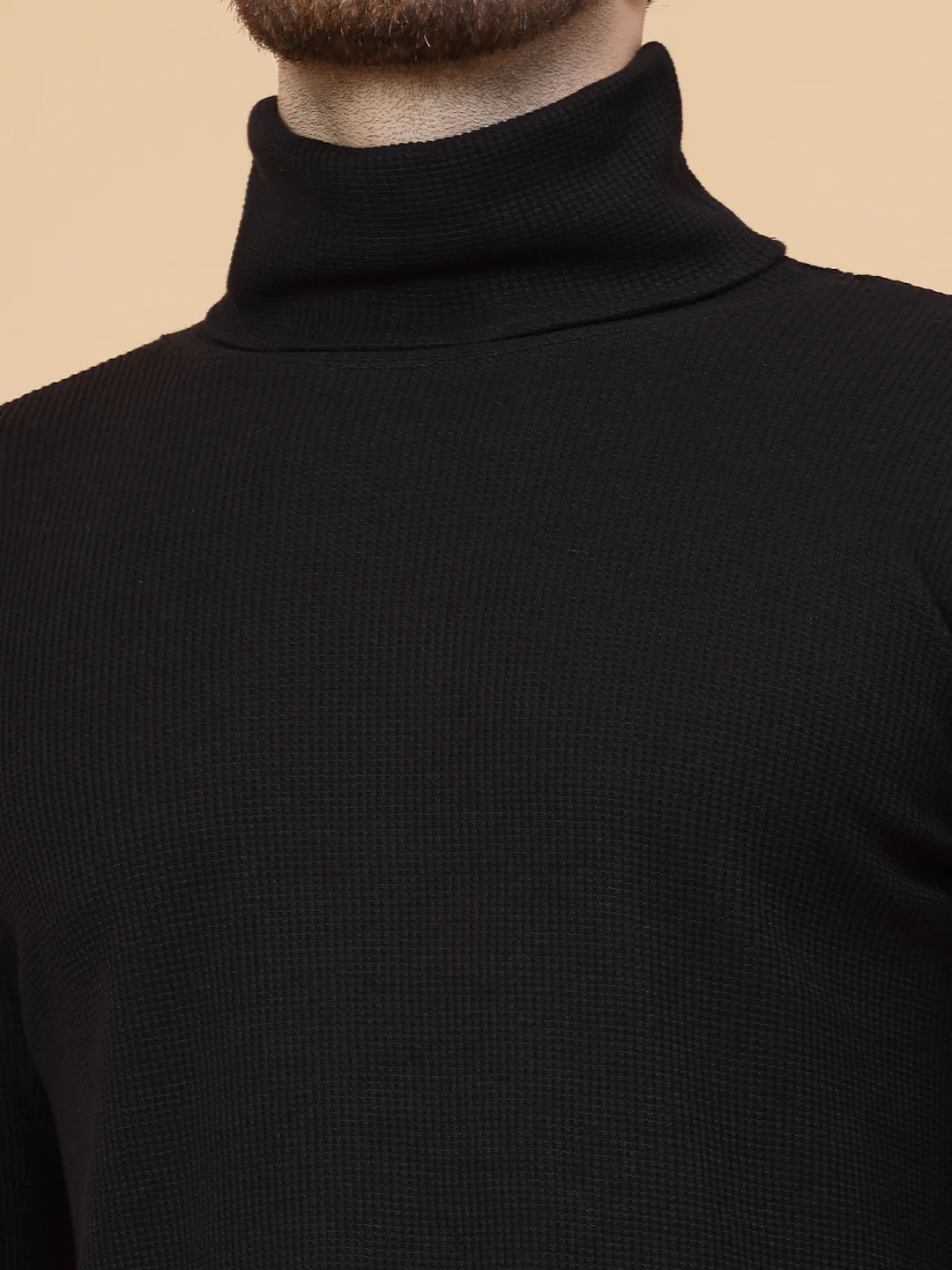 Men Black Waffle Knit T-shirt - Image 6