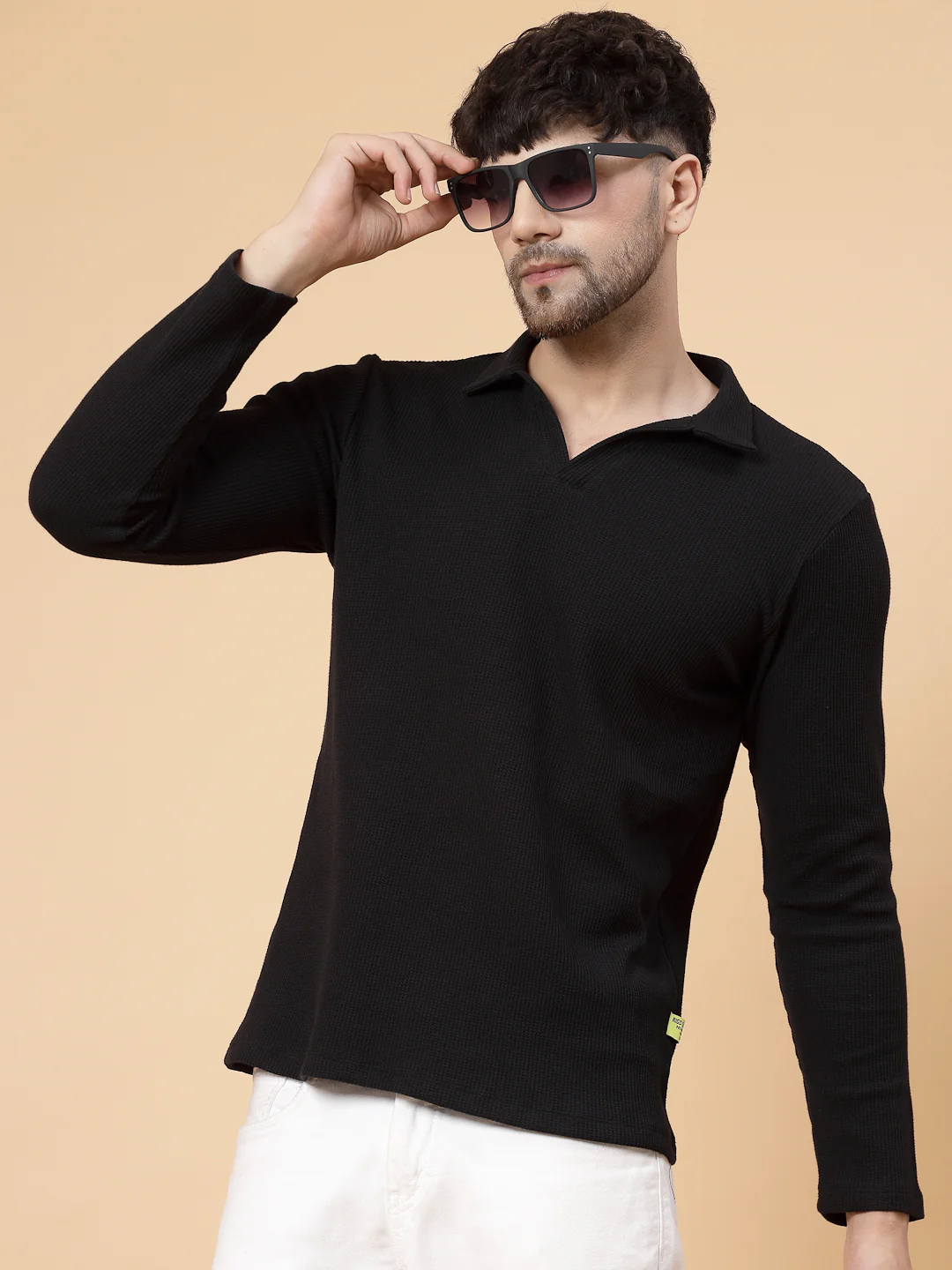Men Black Waffle Knit T-shirt - Image 2