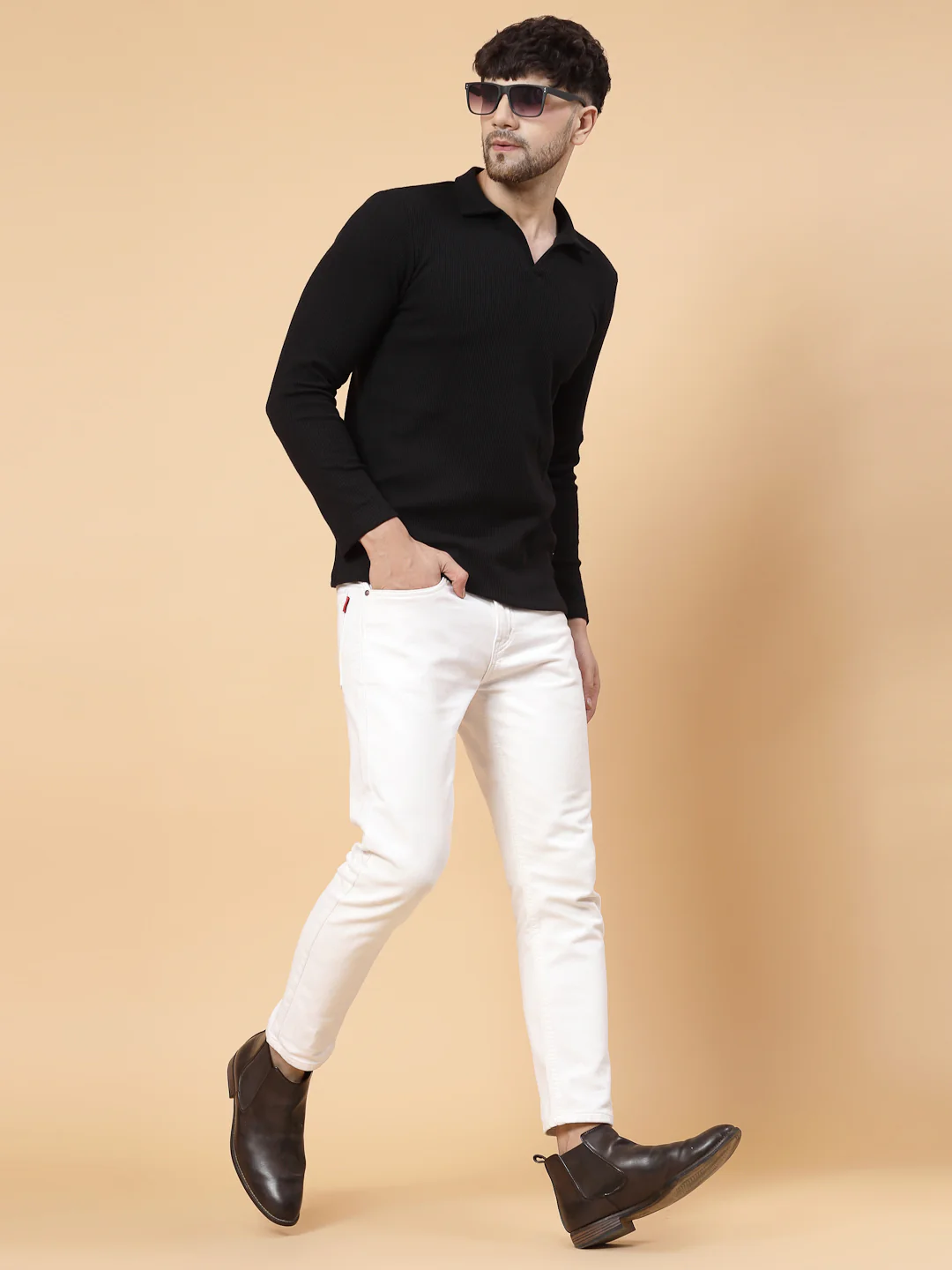 Men Black Waffle Knit T-shirt - Image 3