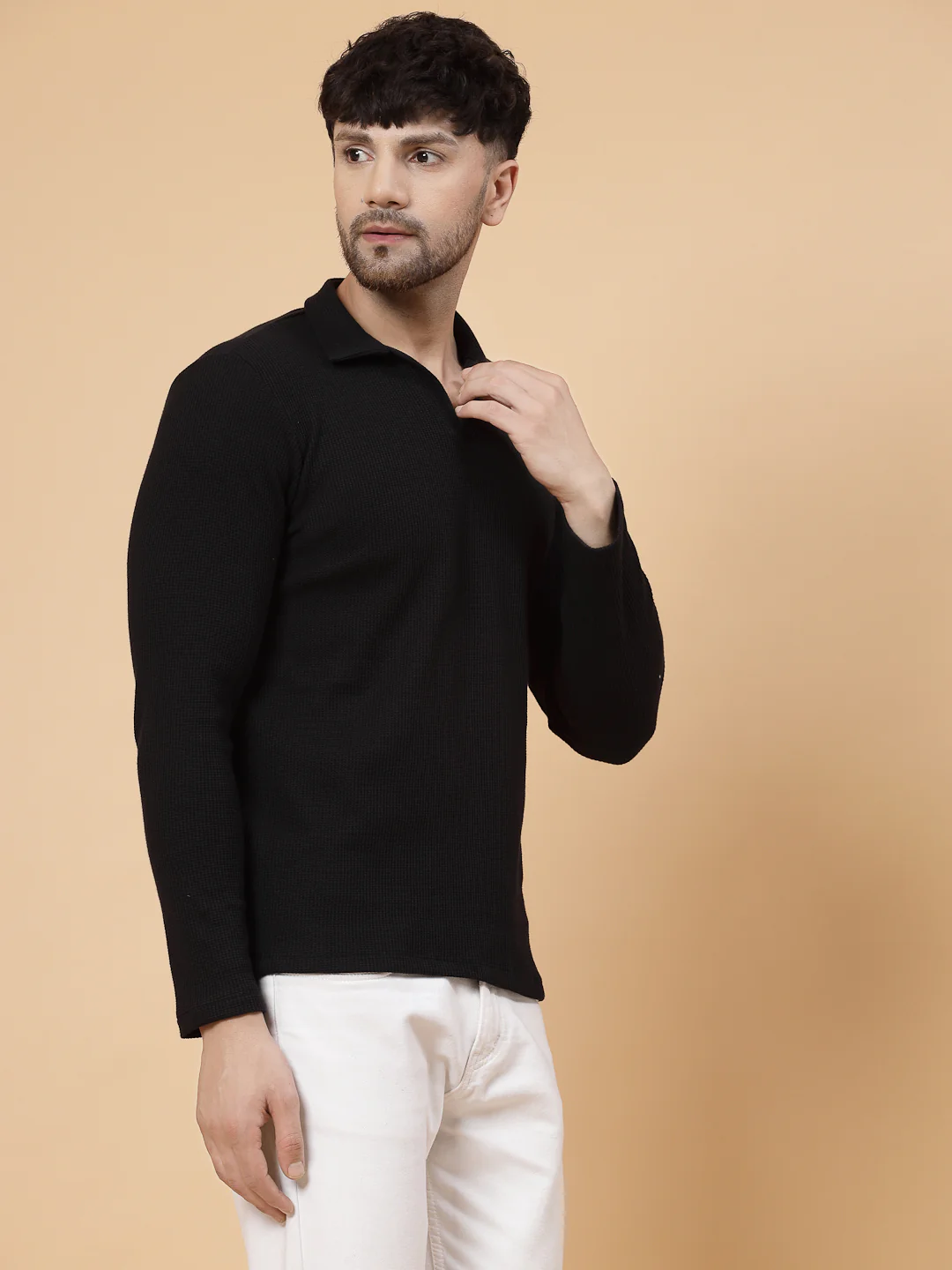 Men Black Waffle Knit T-shirt - Image 4