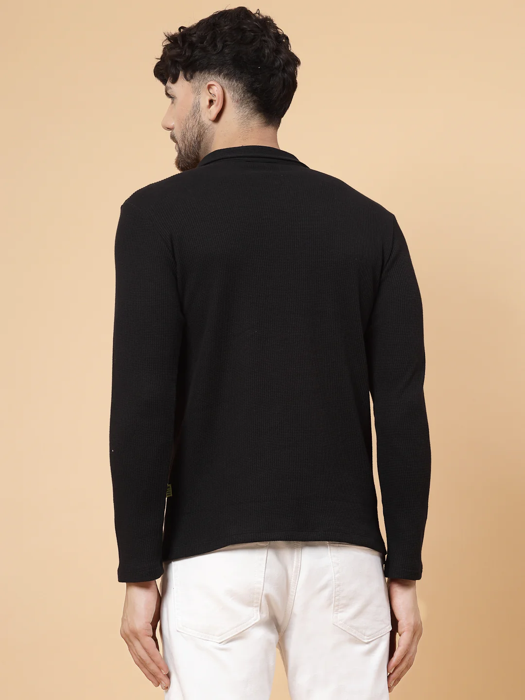 Men Black Waffle Knit T-shirt - Image 5