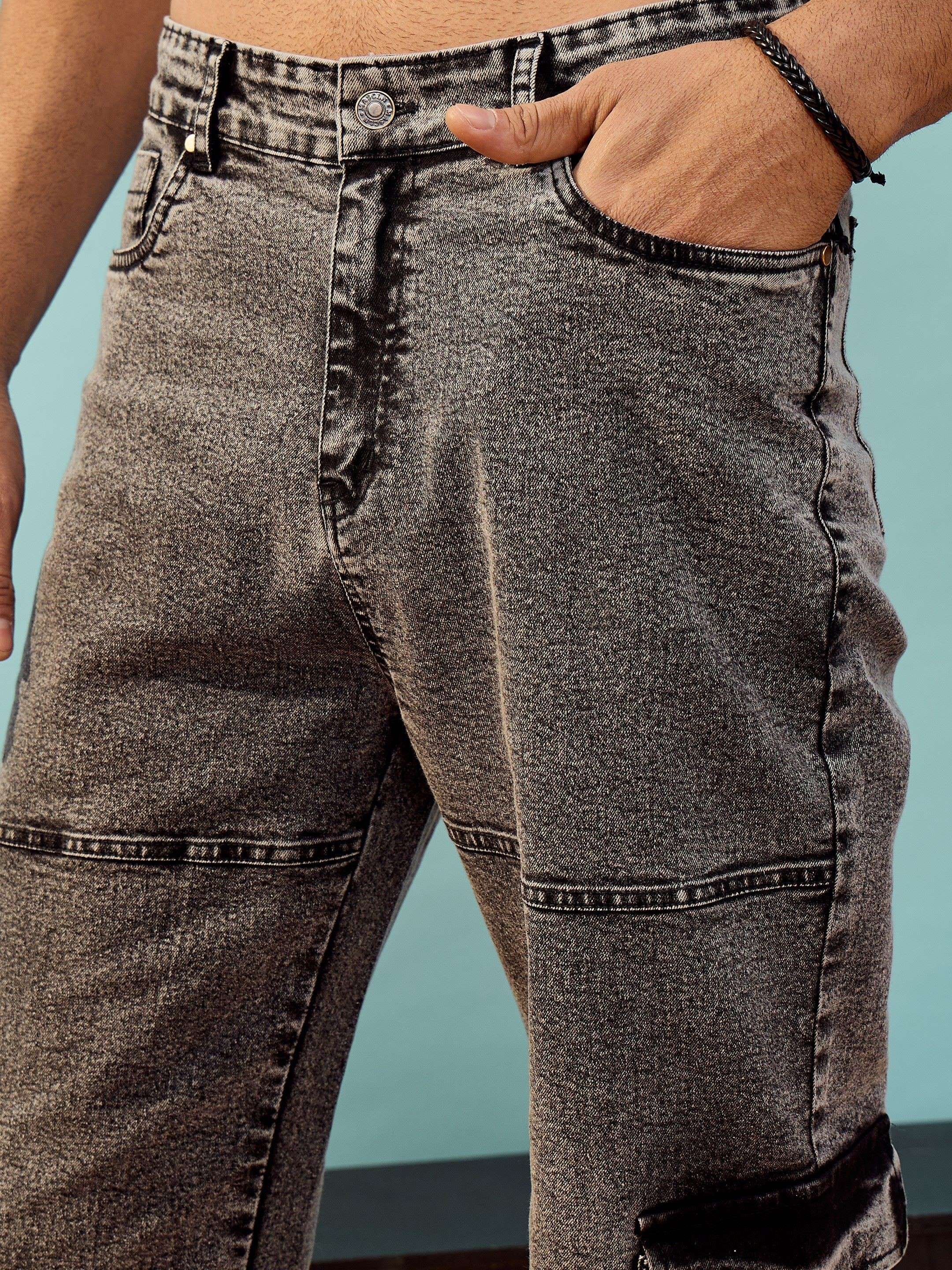 Men Black Washed Cargo Pocket Oversized Jeans - Image 3