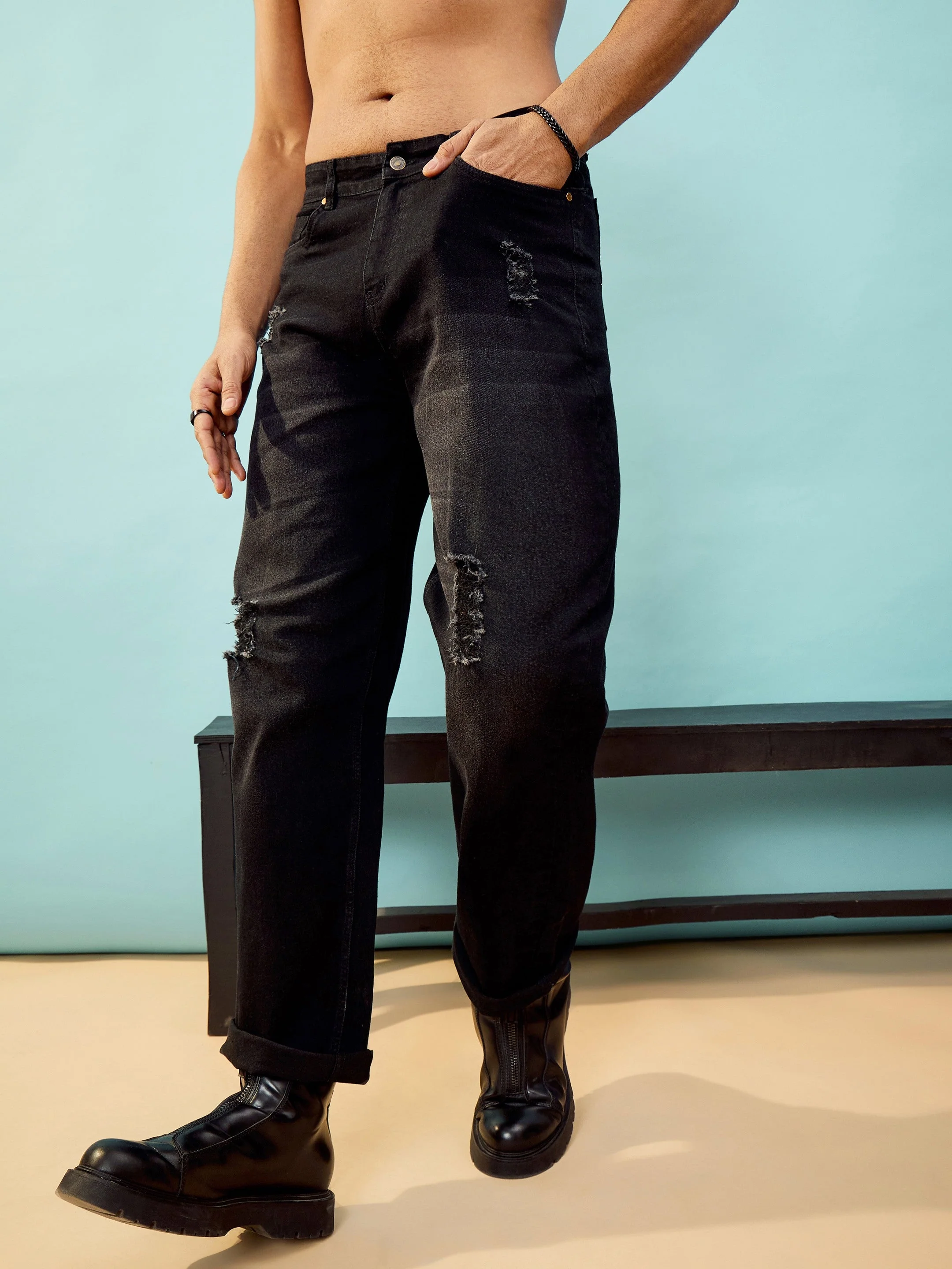 Men Black Washed Distressed Oversized Jeans - Image 6