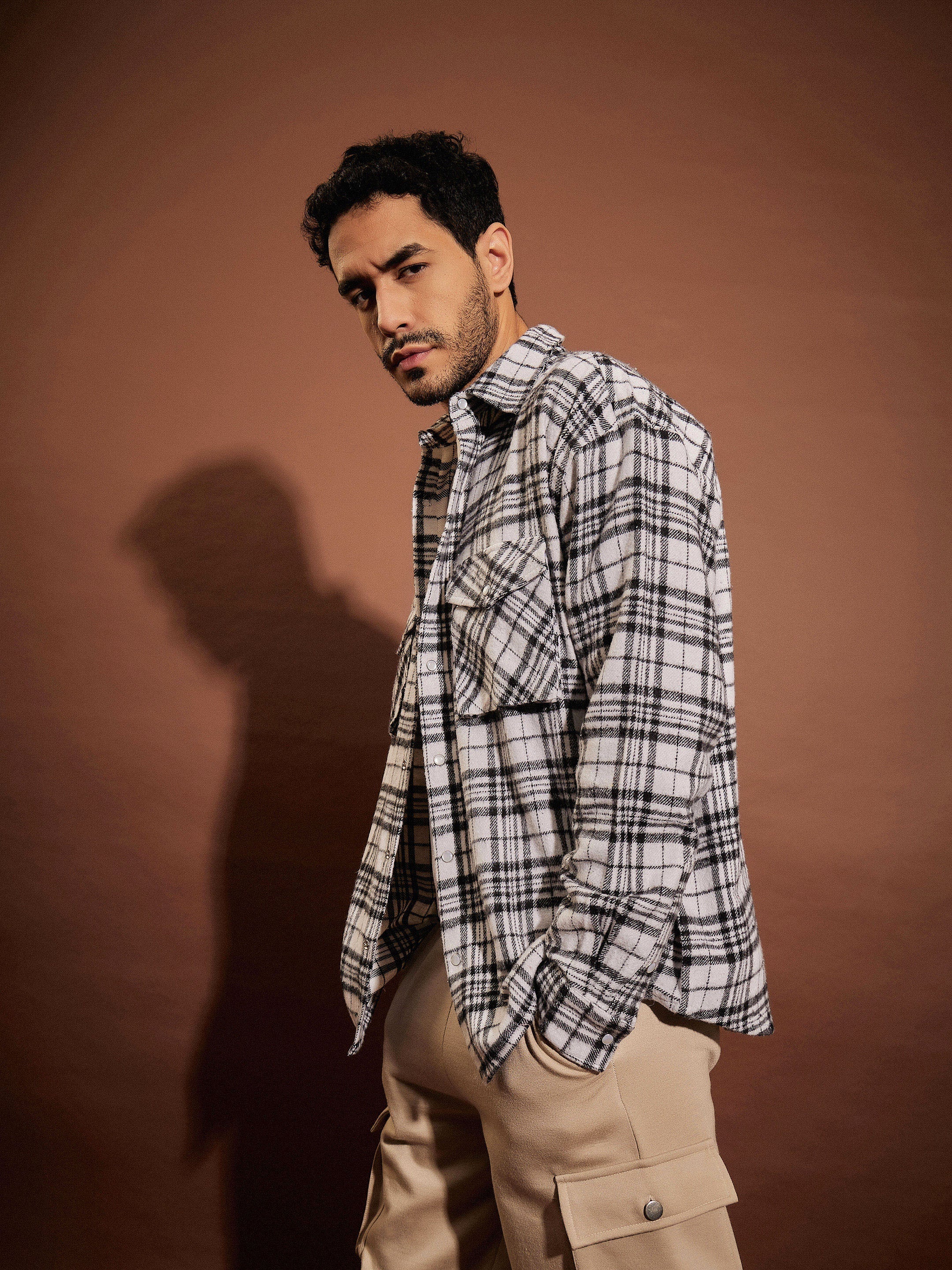 Men Black & White Check Box Pocket Oversized Shirt - Image 3
