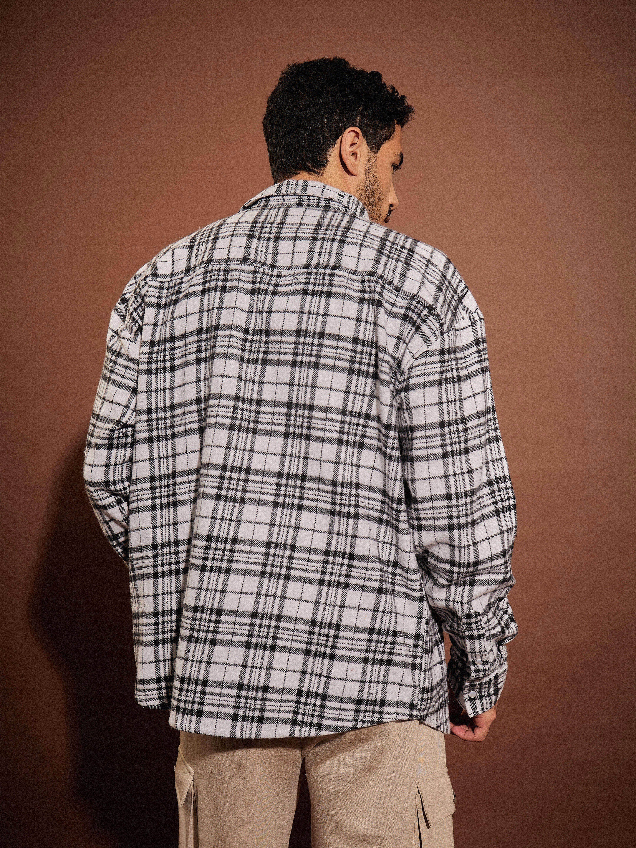 Men Black & White Check Box Pocket Oversized Shirt - Image 5
