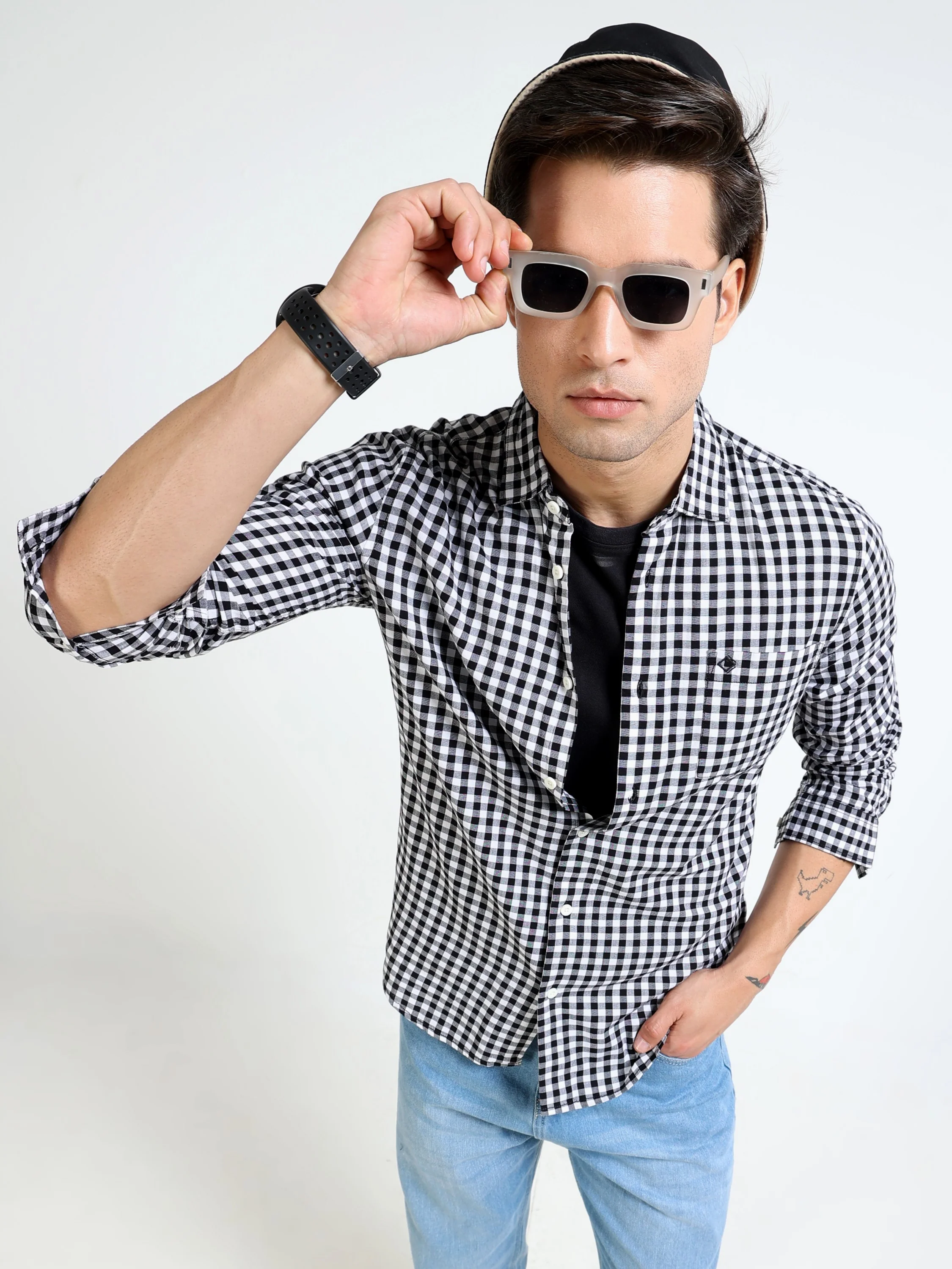 Men Black & White Check Shirt - Image 2