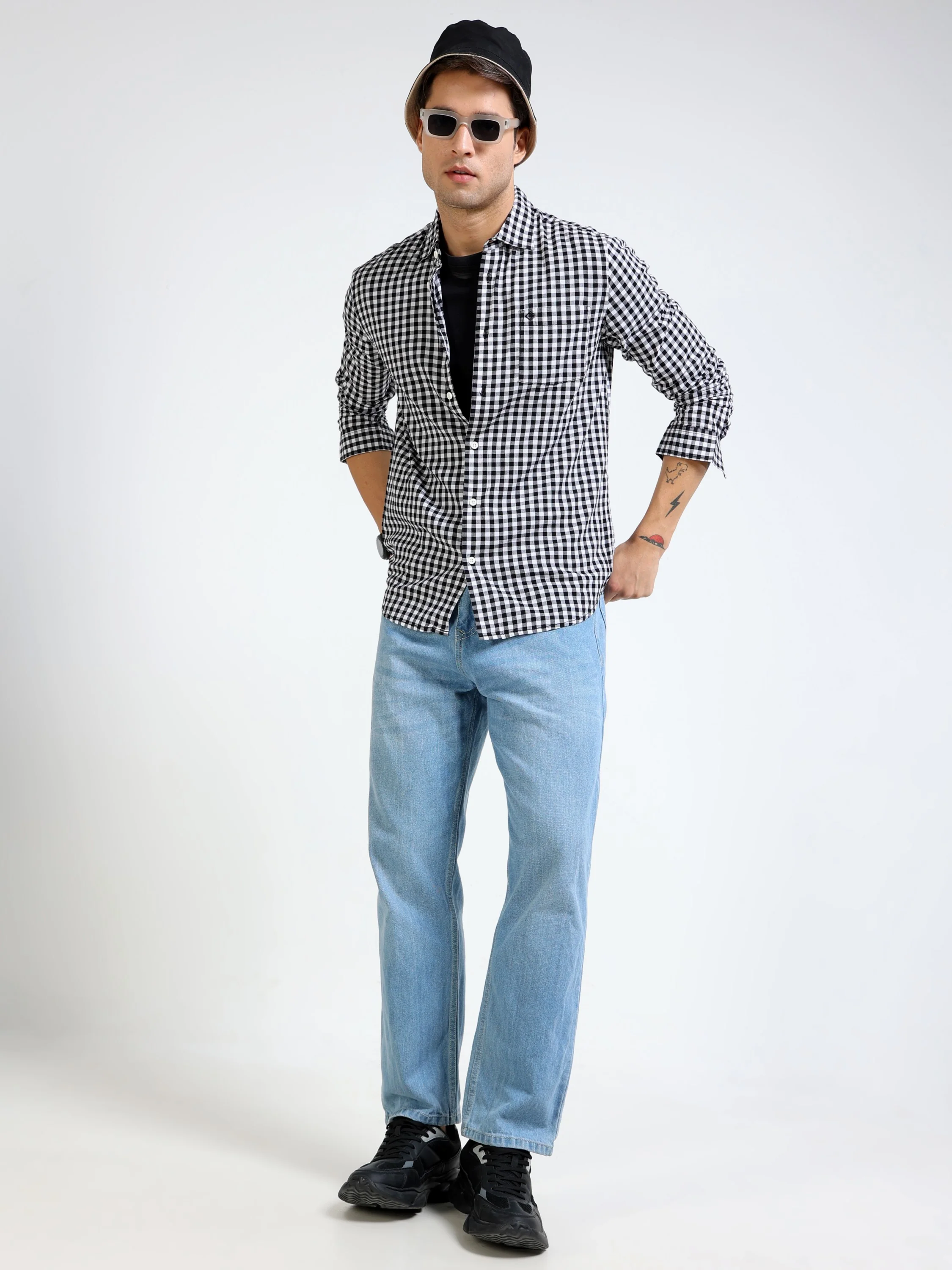 Men Black & White Check Shirt - Image 3
