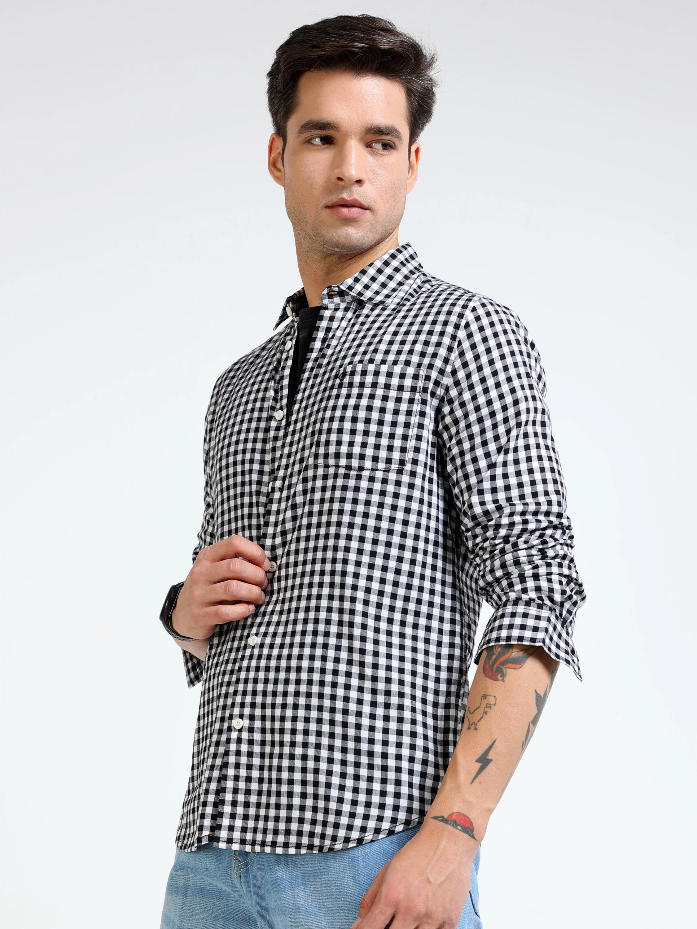 Men Black & White Check Shirt - Image 6